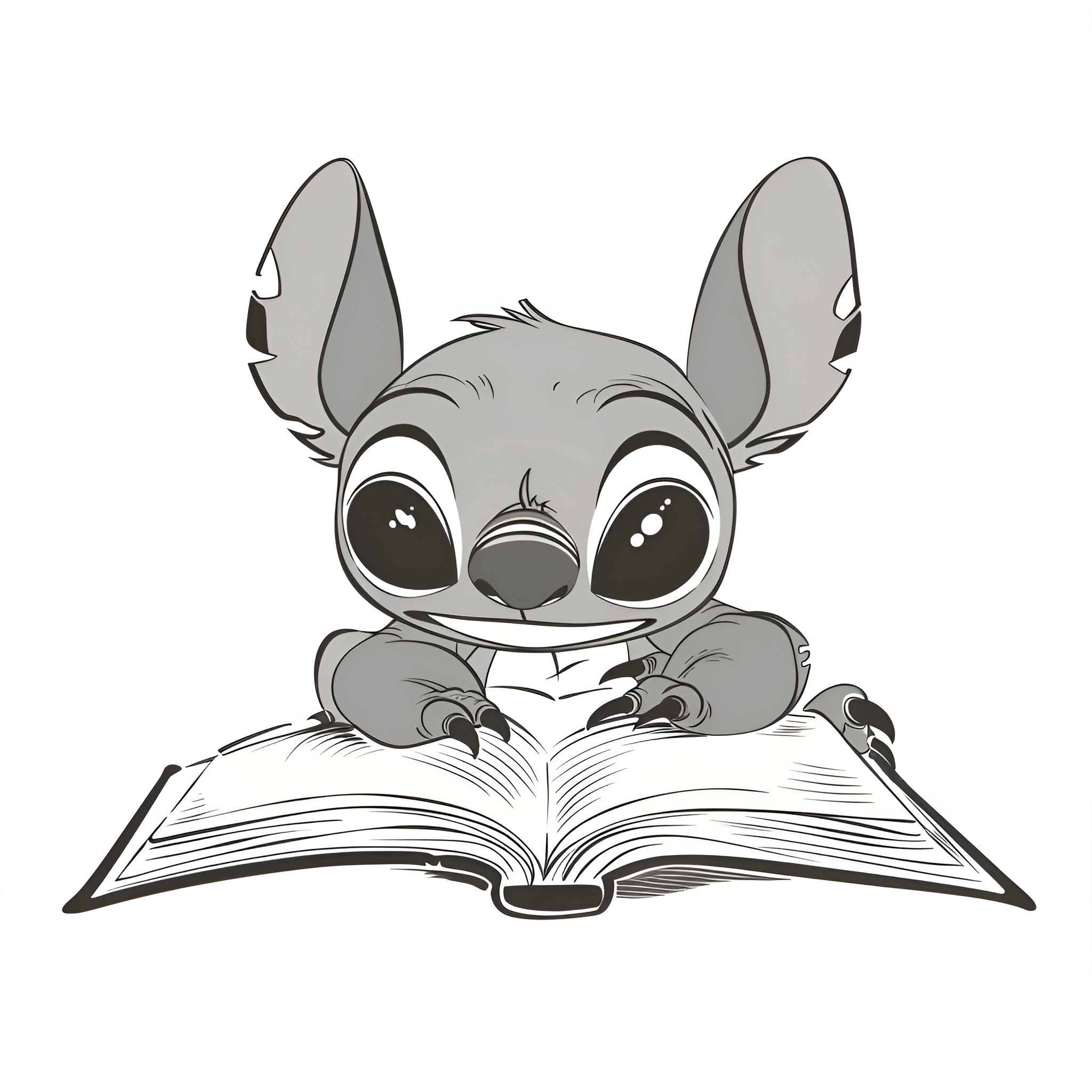 Lilo & Stitch reading a book with curiosity Drawing Idea (free black-and-white line drawing printable PDF for all, from beginners to advanced learners, including children, teens, adults, and seniors)
