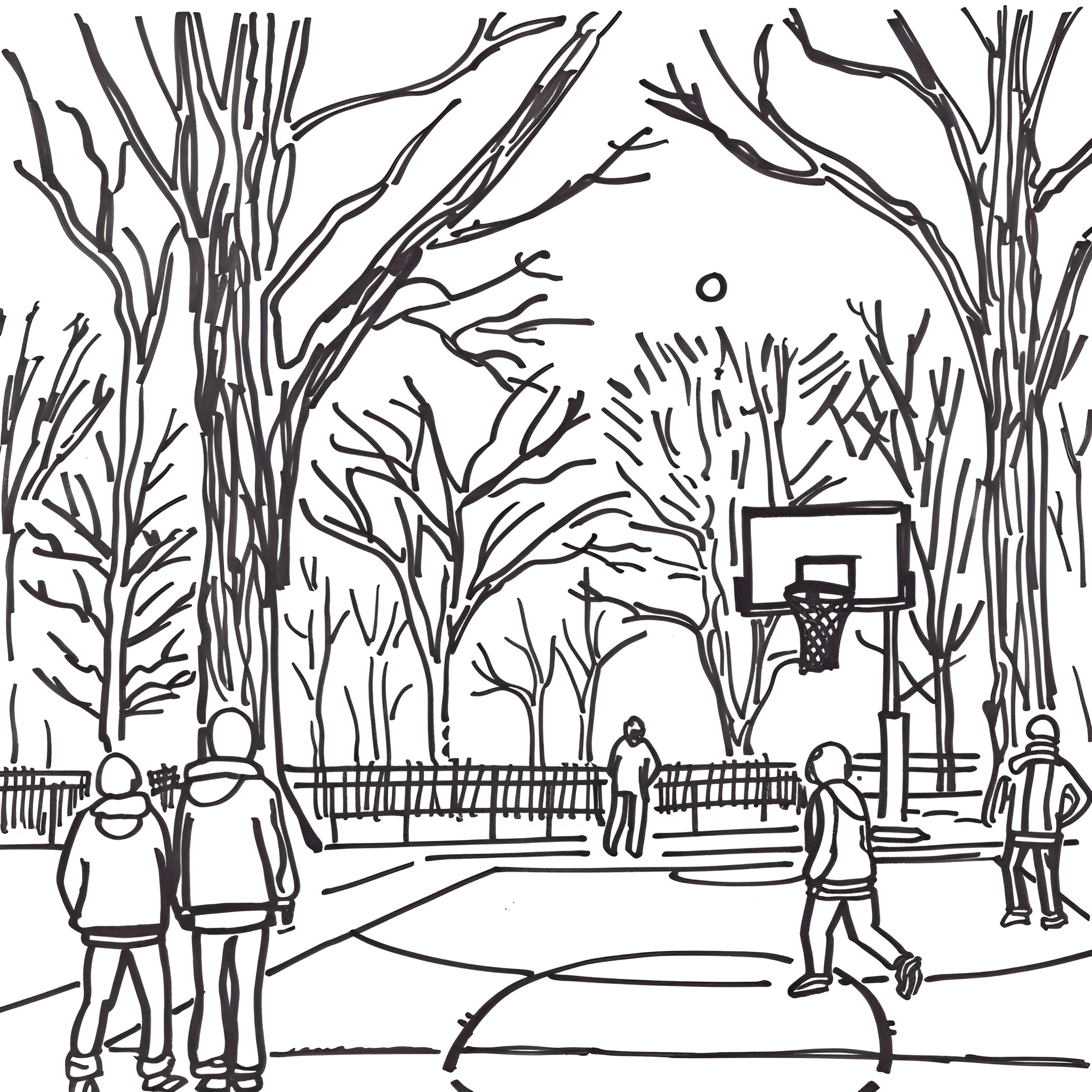 Basketball players on outdoor court in park Drawing Idea (free black-and-white line drawing printable PDF for all, from beginners to advanced learners, including children, teens, adults, and seniors)