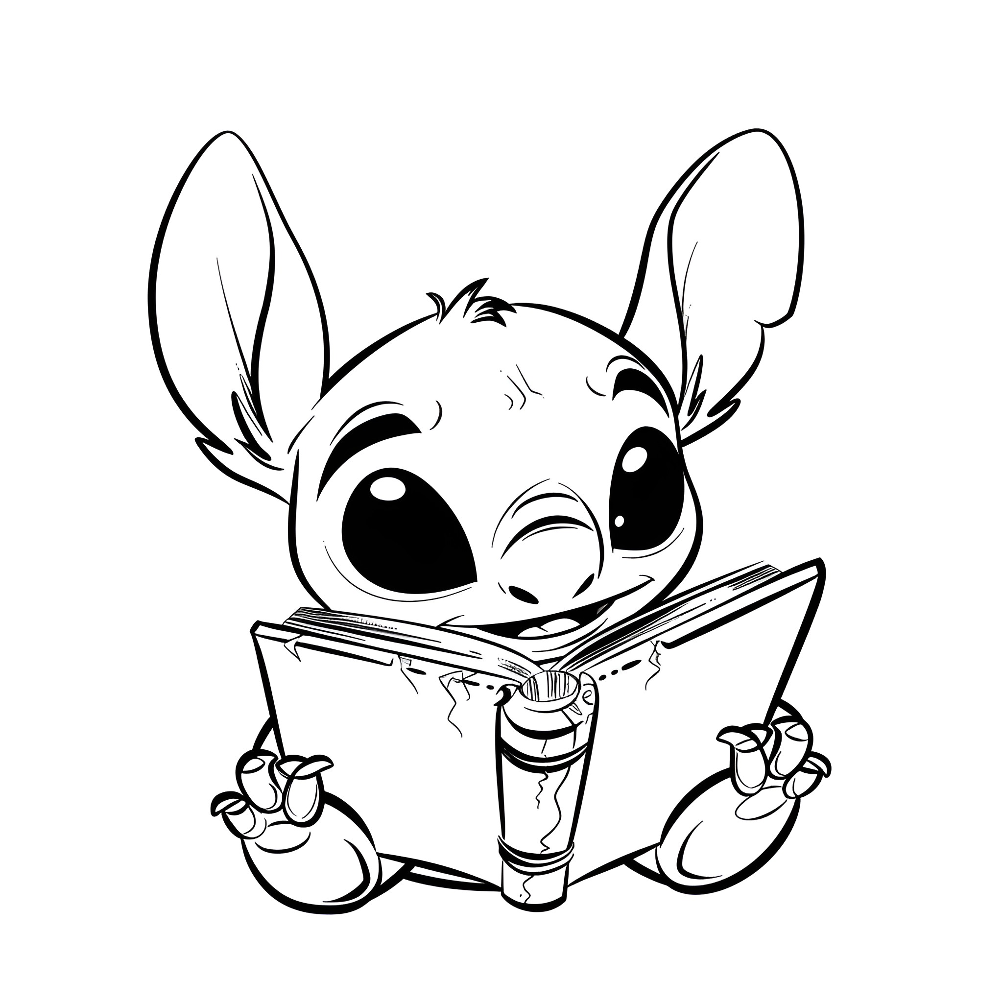 Lilo & Stitch reading a book curiously Drawing Idea (free black-and-white line drawing printable PDF for all, from beginners to advanced learners, including children, teens, adults, and seniors)
