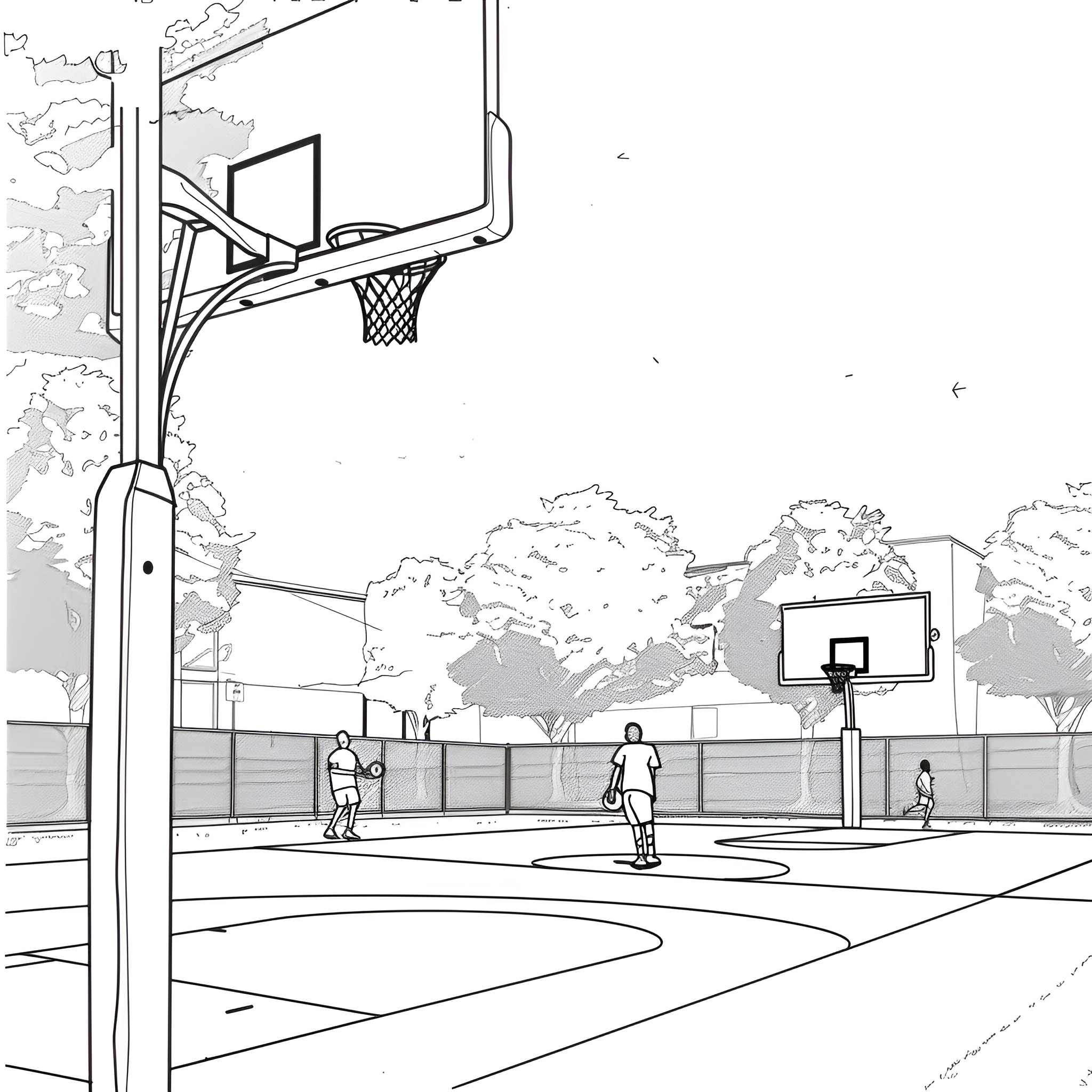 Basketball players competing on outdoor court Drawing Idea (free black-and-white line drawing printable PDF for all, from beginners to advanced learners, including children, teens, adults, and seniors)