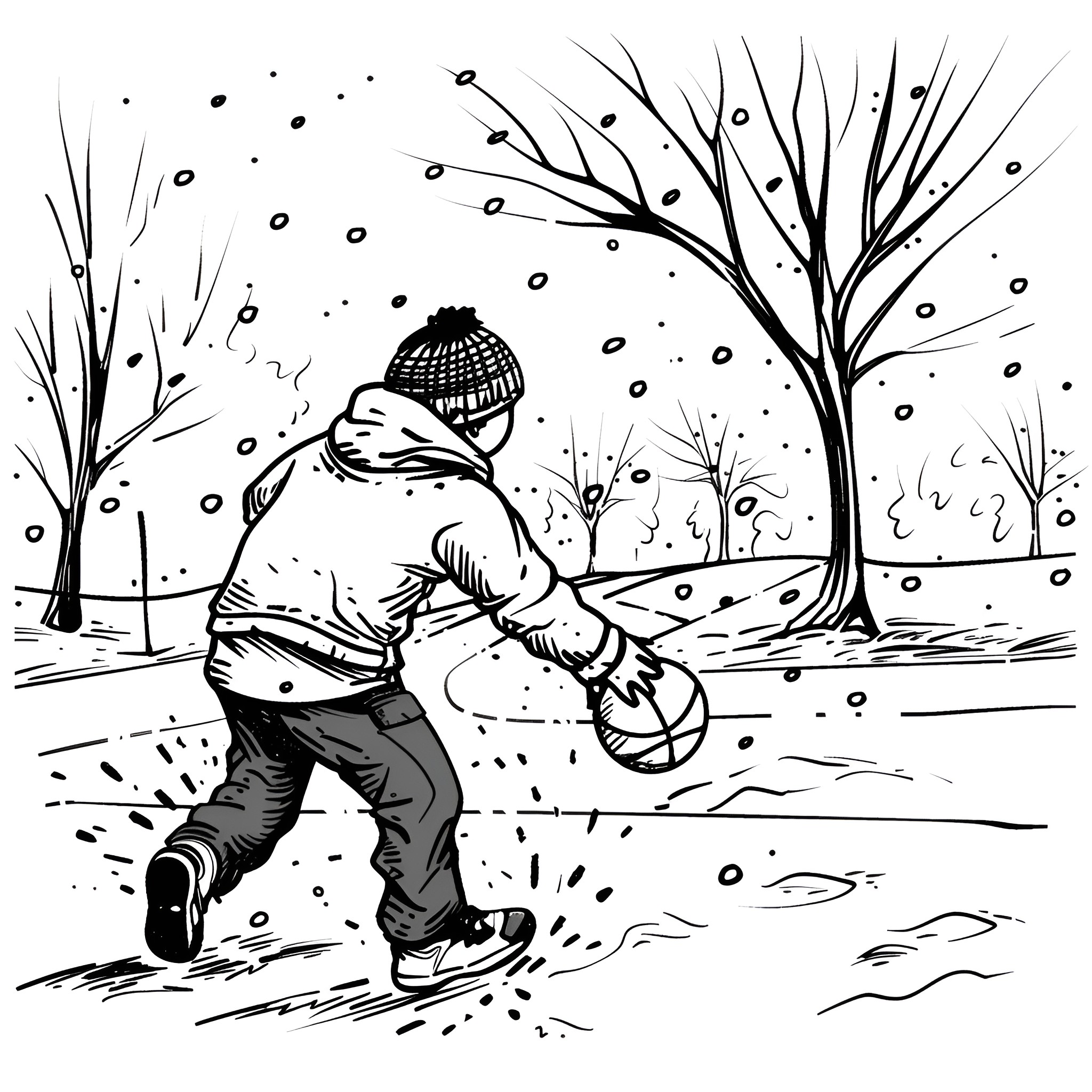 Basketball player shooting in winter Drawing Idea (free black-and-white line drawing printable PDF for all, from beginners to advanced learners, including children, teens, adults, and seniors)