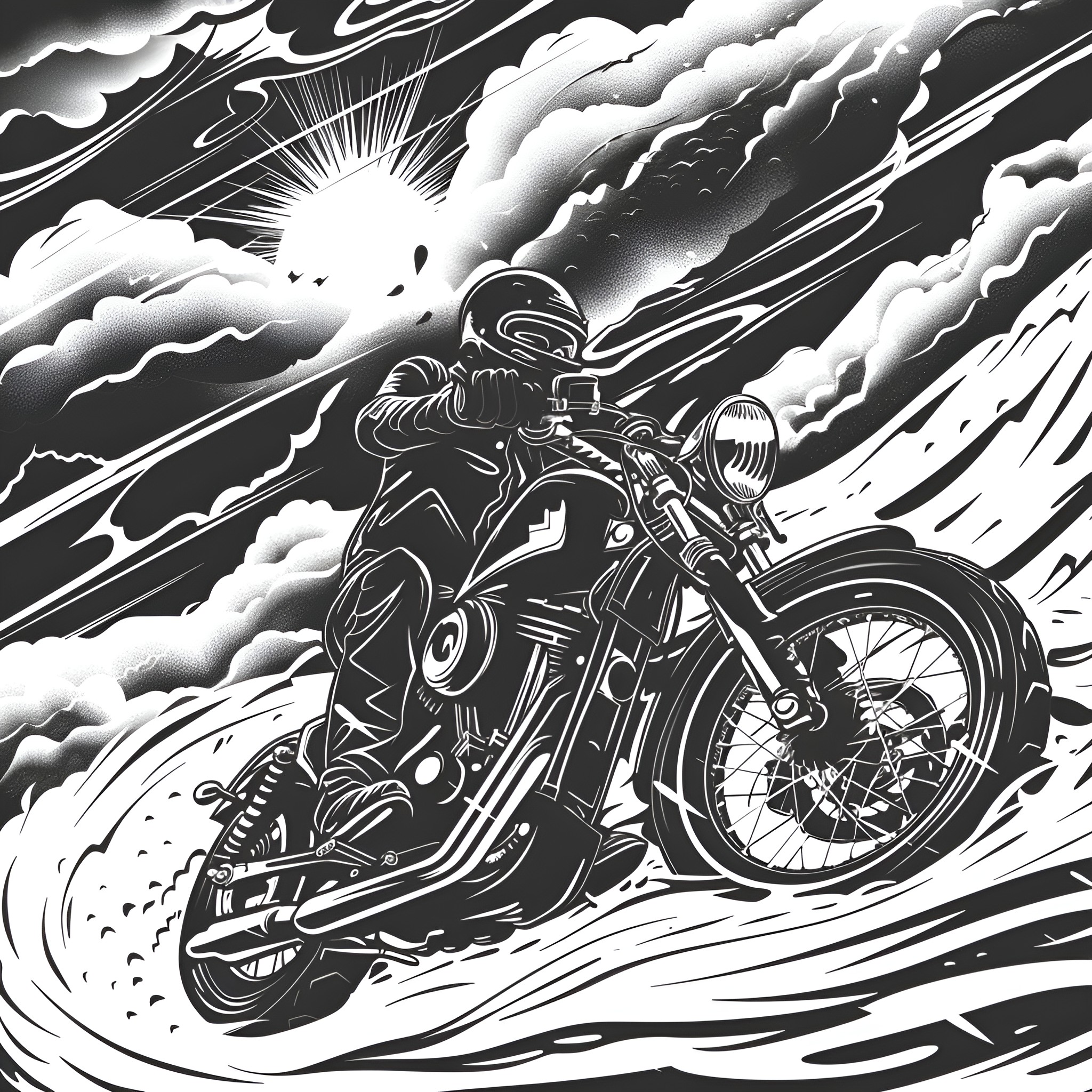 Badass Biker Racing Through Stormy Skies Drawing Idea (free black-and-white line drawing printable PDF for all, from beginners to advanced learners, including children, teens, adults, and seniors)