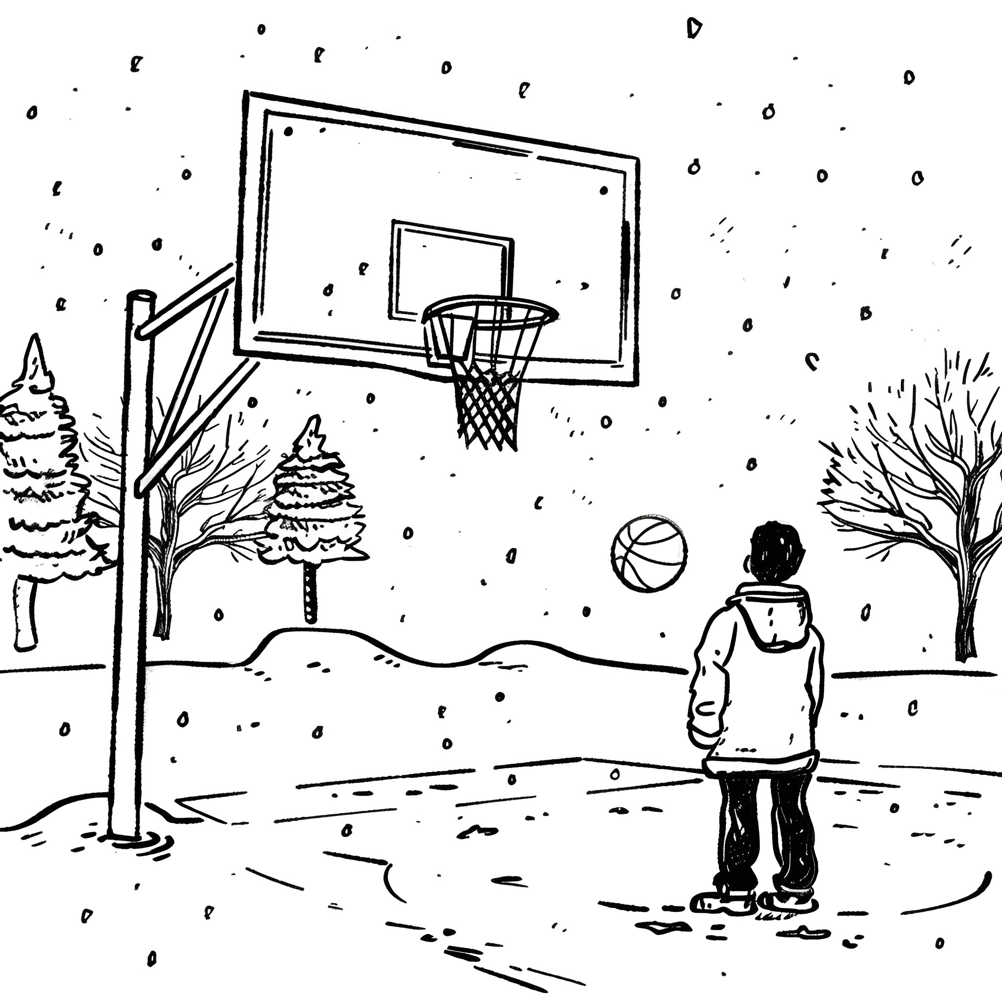 Basketball player practicing in winter scene Drawing Idea (free black-and-white line drawing printable PDF for all, from beginners to advanced learners, including children, teens, adults, and seniors)