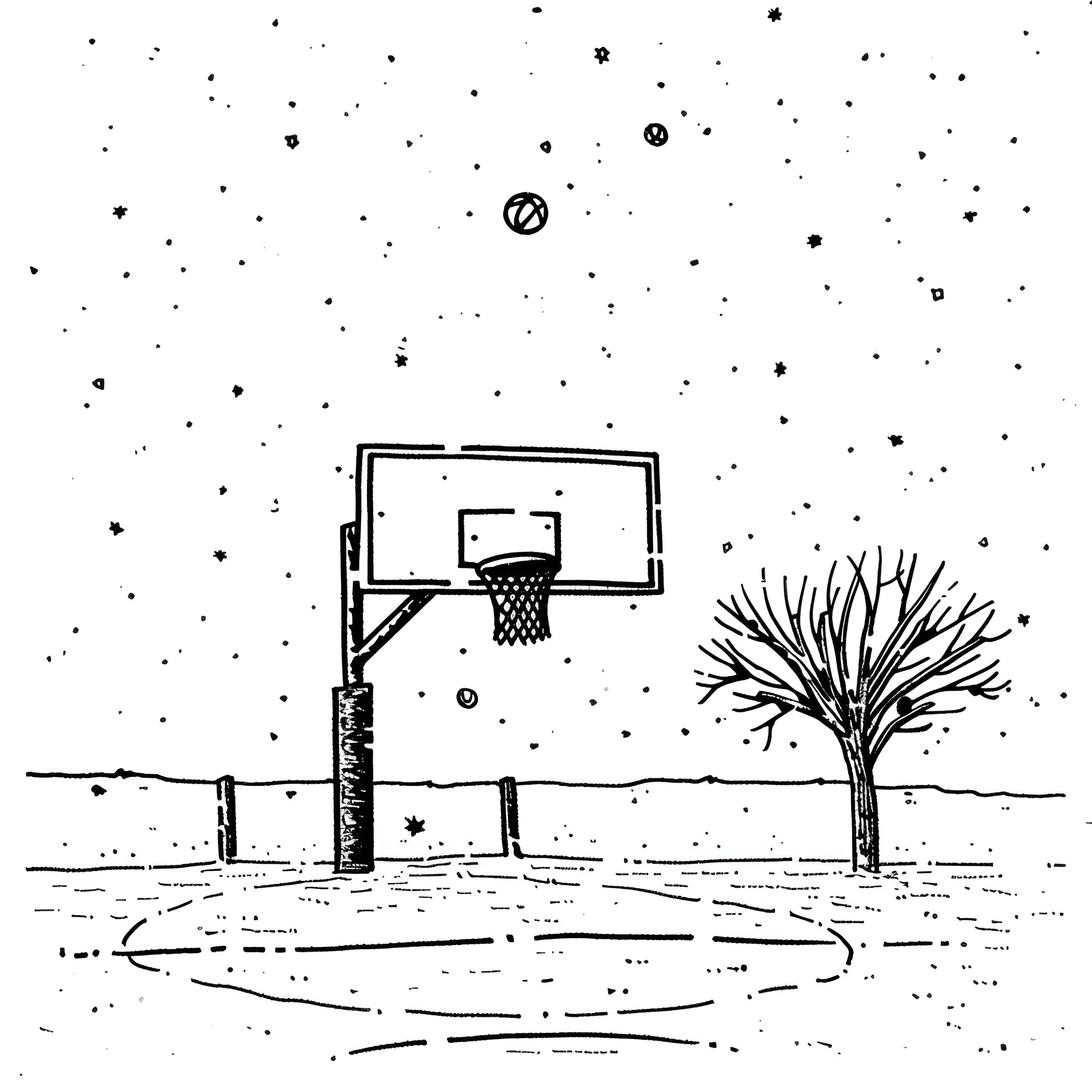 Basketball hoop on snowy court Drawing Idea (free black-and-white line drawing printable PDF for all, from beginners to advanced learners, including children, teens, adults, and seniors)