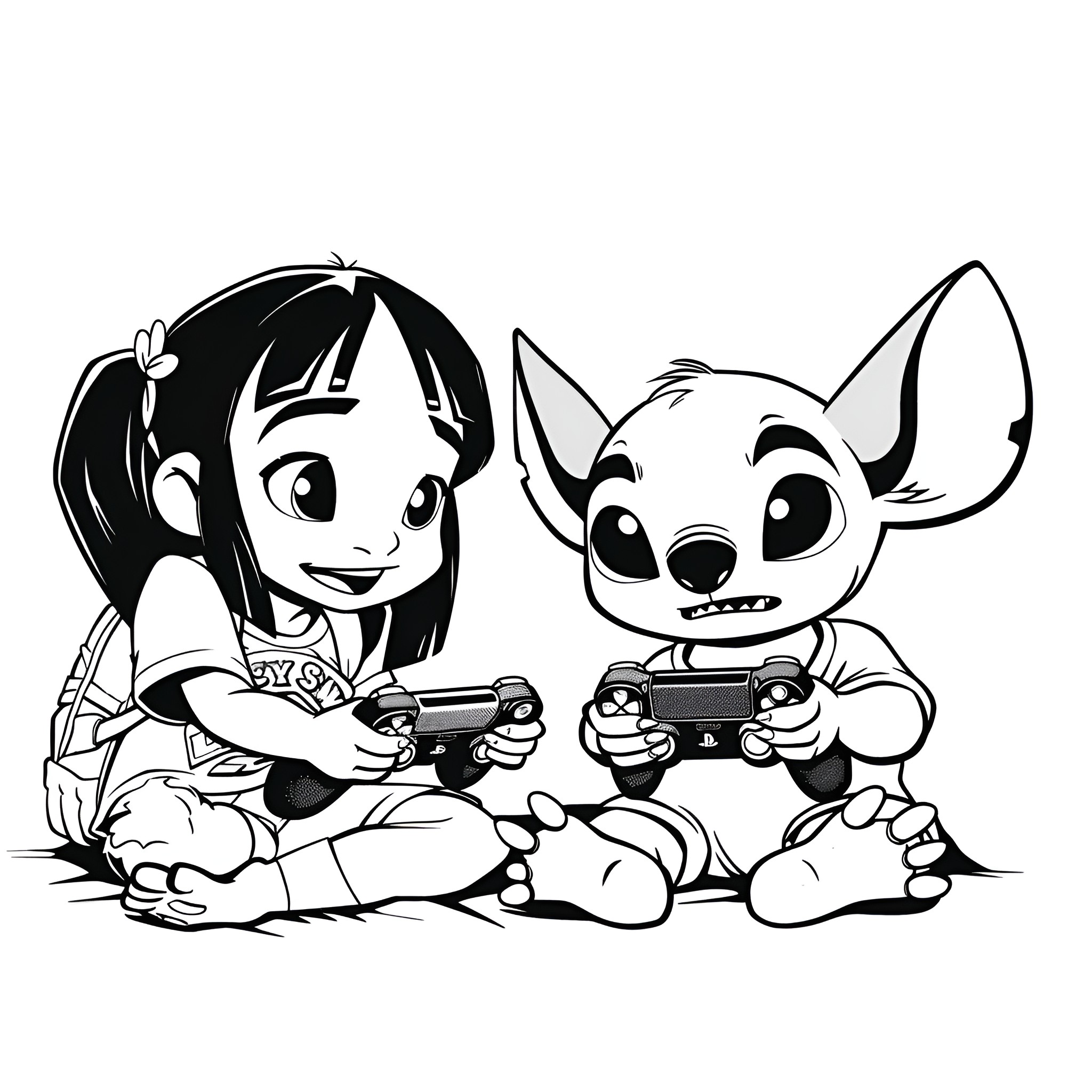 Lilo & Stitch playing video games Drawing Idea (free black-and-white line drawing printable PDF for all, from beginners to advanced learners, including children, teens, adults, and seniors)
