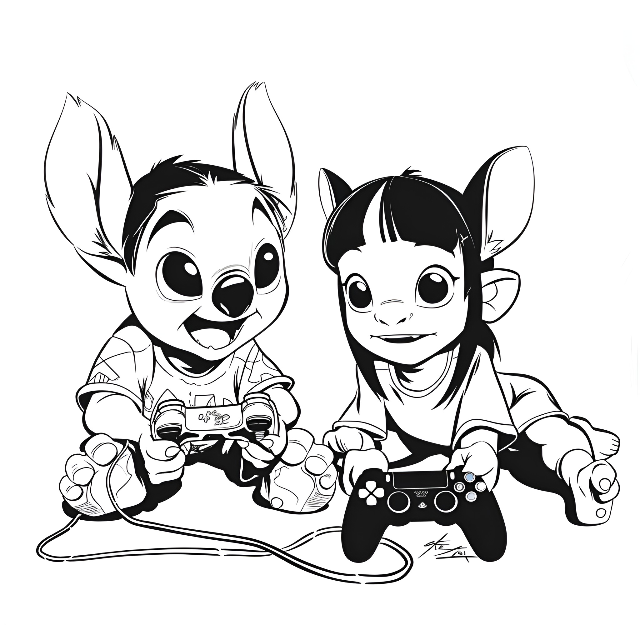 Lilo & Stitch gaming together Drawing Idea (free black-and-white line drawing printable PDF for all, from beginners to advanced learners, including children, teens, adults, and seniors)
