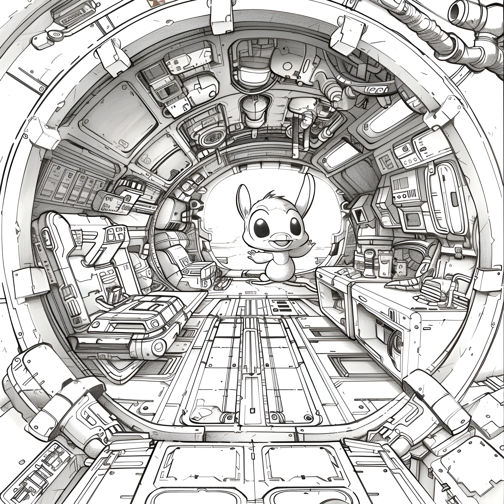 Lilo & Stitch exploring futuristic spaceship interior Drawing Idea (free black-and-white line drawing printable PDF for all, from beginners to advanced learners, including children, teens, adults, and seniors)