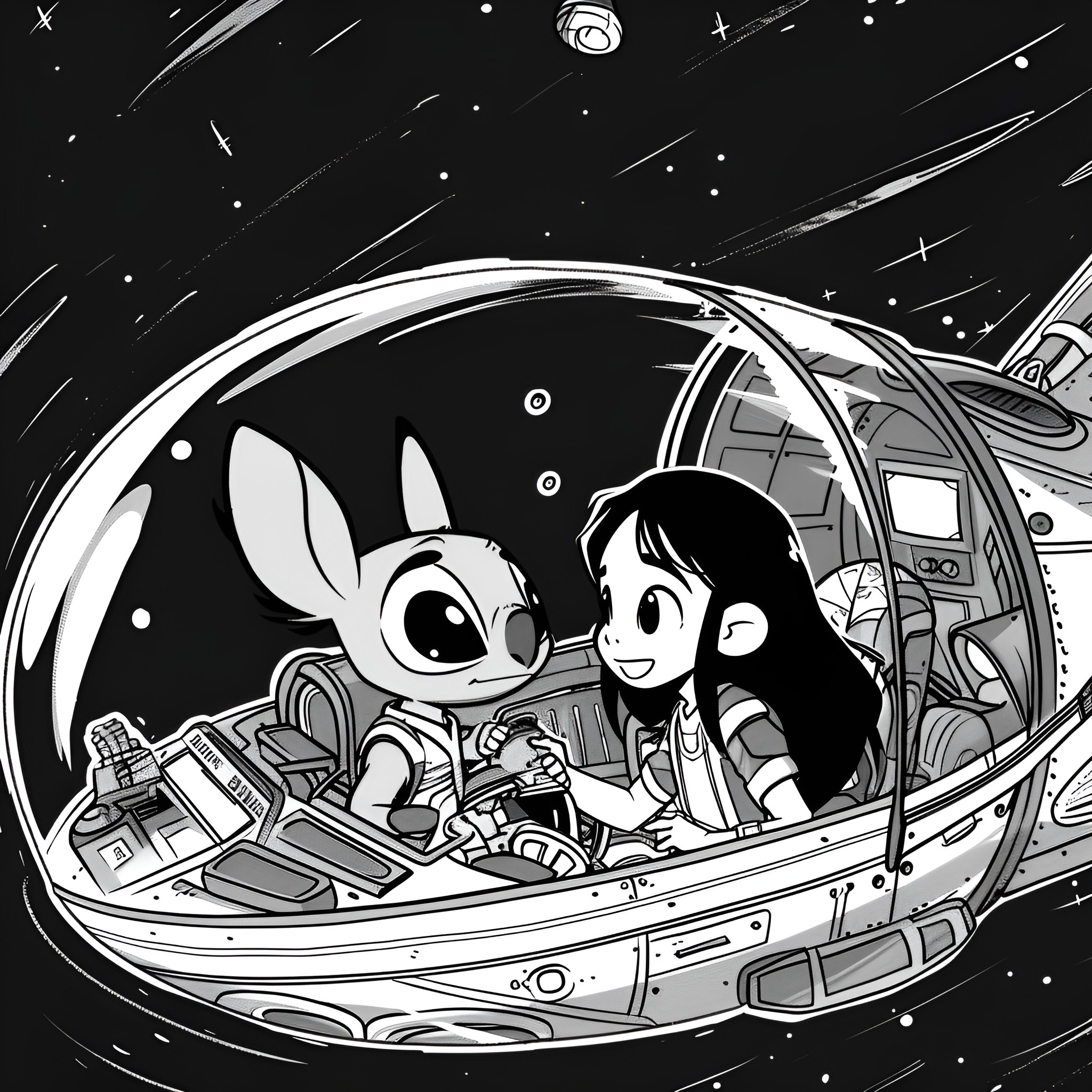 Lilo & Stitch exploring outer space Drawing Idea (free black-and-white line drawing printable PDF for all, from beginners to advanced learners, including children, teens, adults, and seniors)