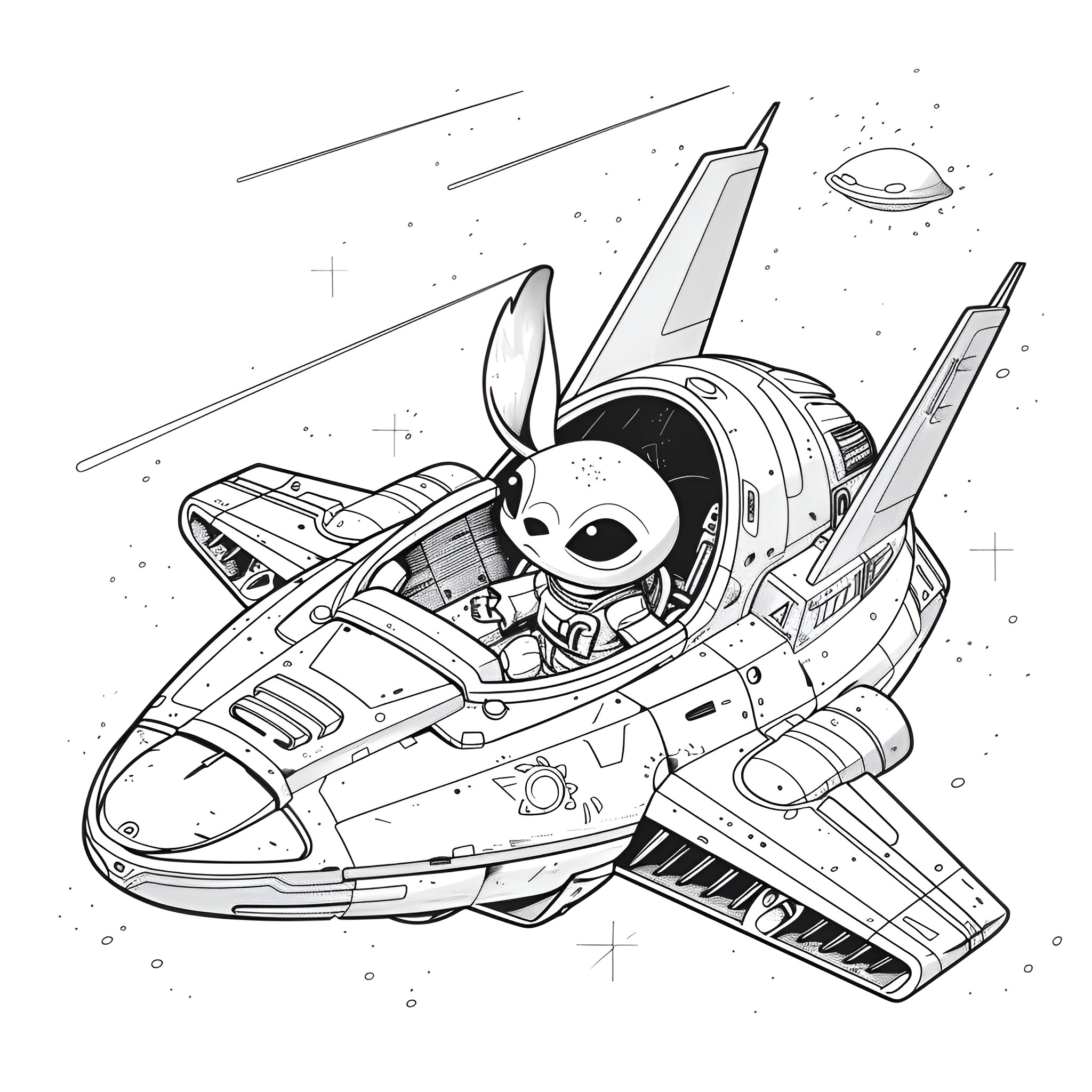 Lilo & Stitch exploring outer space in futuristic spacecraft Drawing Idea (free black-and-white line drawing printable PDF for all, from beginners to advanced learners, including children, teens, adults, and seniors)