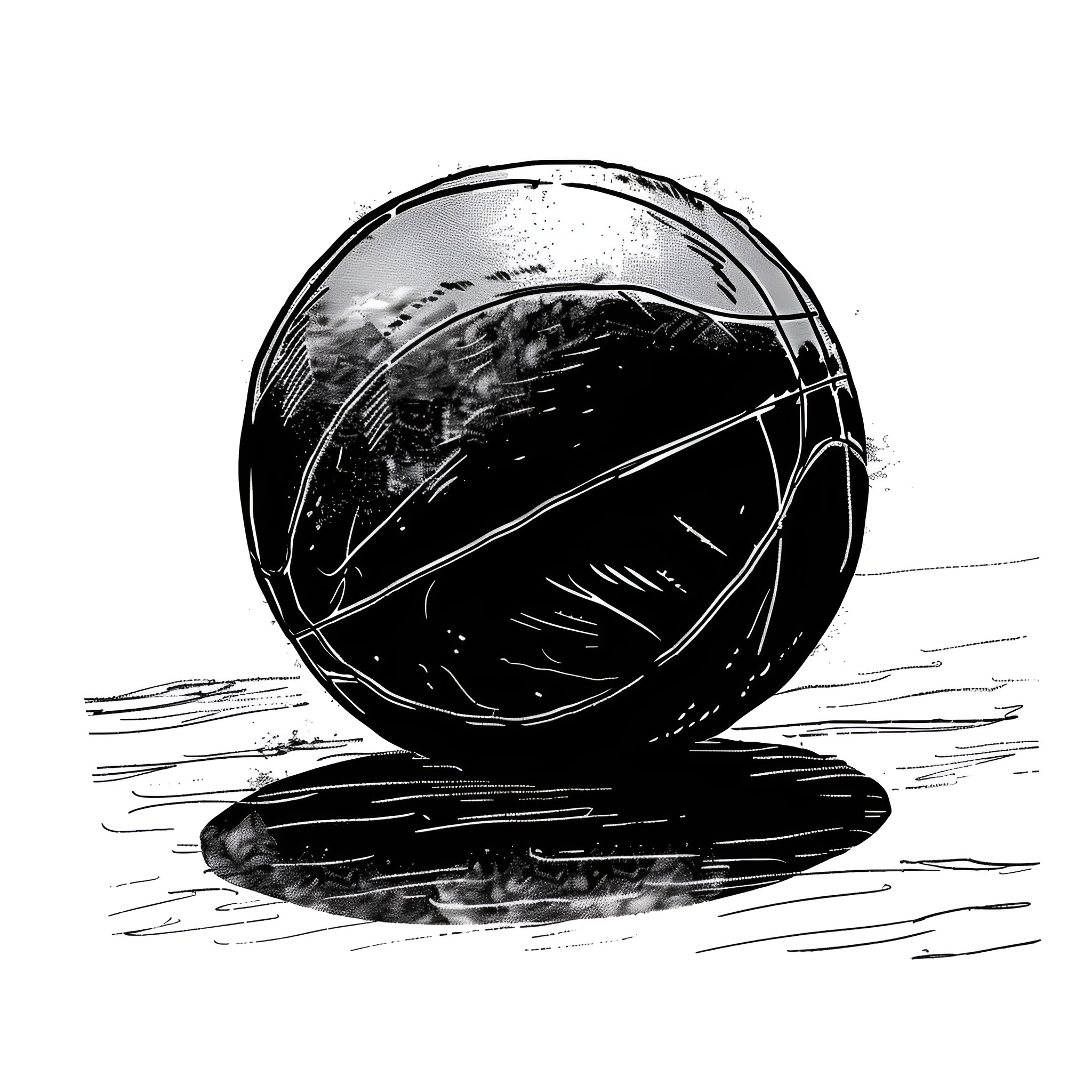 Basketball spinning on reflective surface Drawing Idea (free black-and-white line drawing printable PDF for all, from beginners to advanced learners, including children, teens, adults, and seniors)
