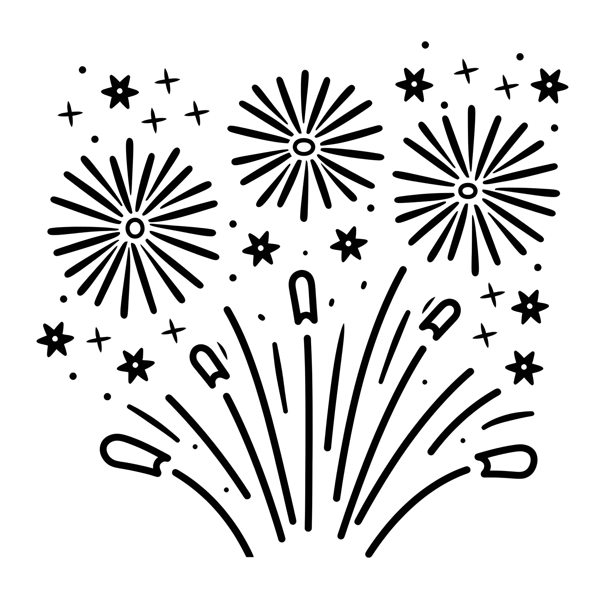 New Year Fireworks Celebration Drawing Idea (free black-and-white line drawing printable PDF for all, from beginners to advanced learners, including children, teens, adults, and seniors)