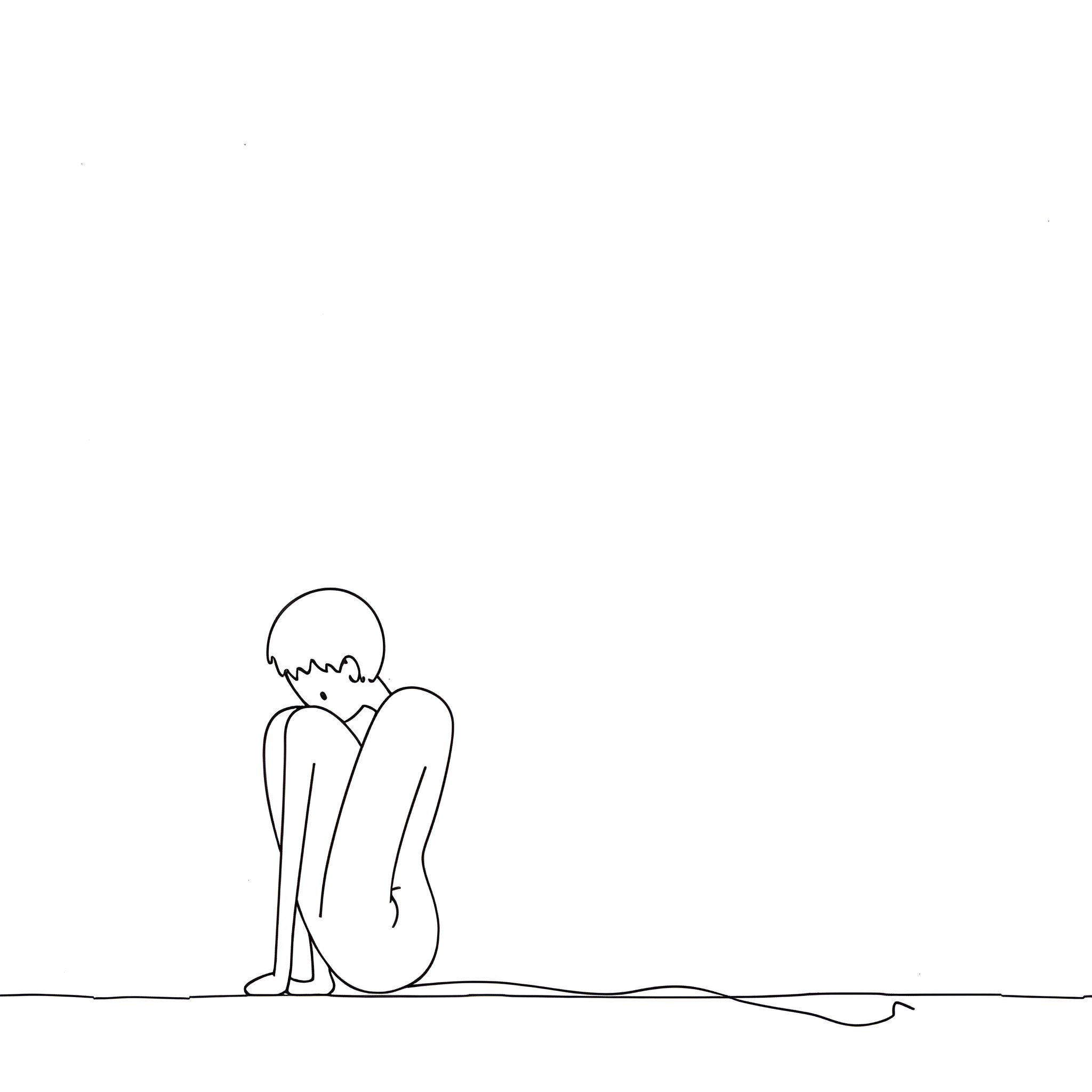 Depression: Lonely figure in contemplative pose Drawing Idea (free black-and-white line drawing printable PDF for all, from beginners to advanced learners, including children, teens, adults, and seniors)