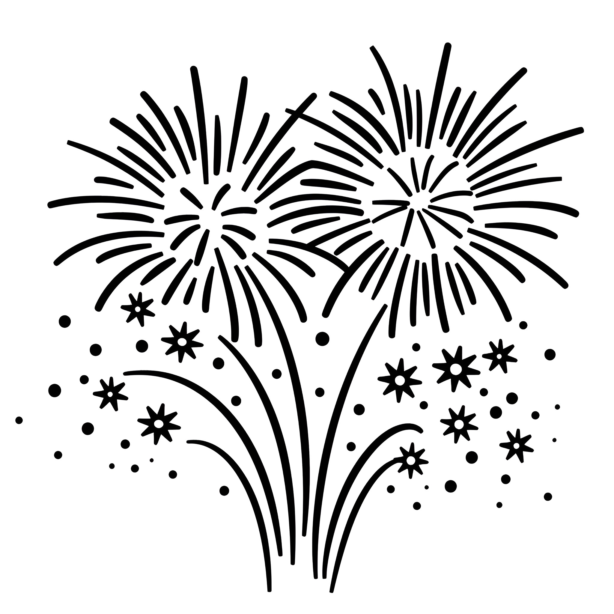 New Year fireworks celebration Drawing Idea (free black-and-white line drawing printable PDF for all, from beginners to advanced learners, including children, teens, adults, and seniors)
