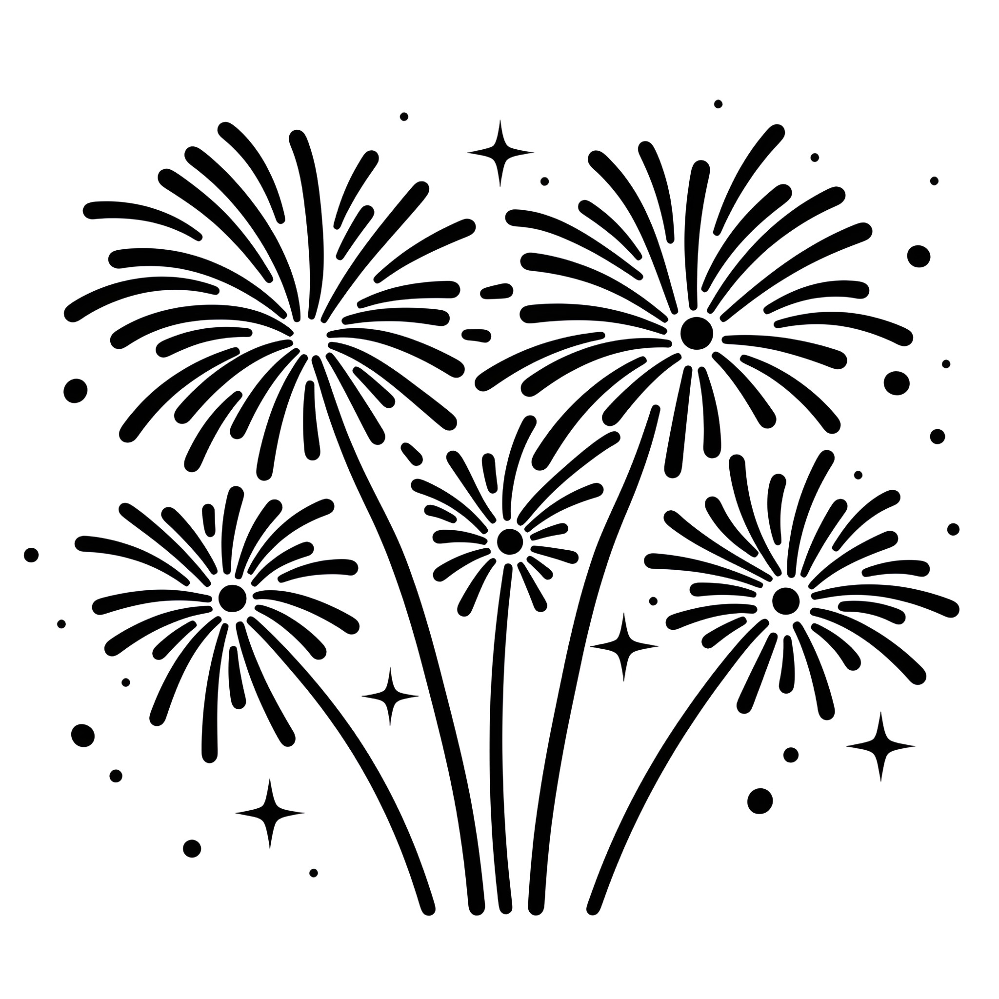 New Year Fireworks Celebration Drawing Idea (free black-and-white line drawing printable PDF for all, from beginners to advanced learners, including children, teens, adults, and seniors)