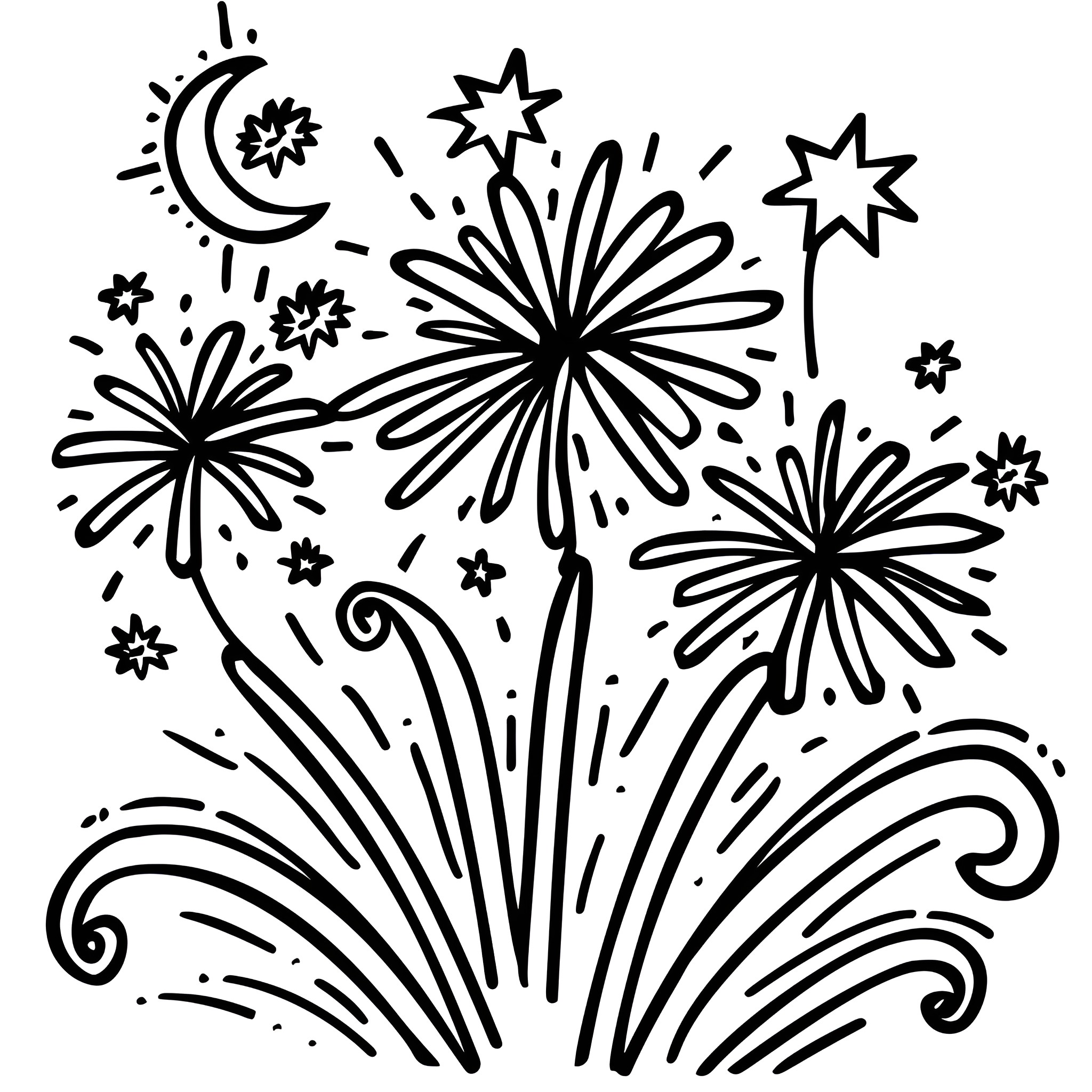 New Year fireworks celebration Drawing Idea (free black-and-white line drawing printable PDF for all, from beginners to advanced learners, including children, teens, adults, and seniors)