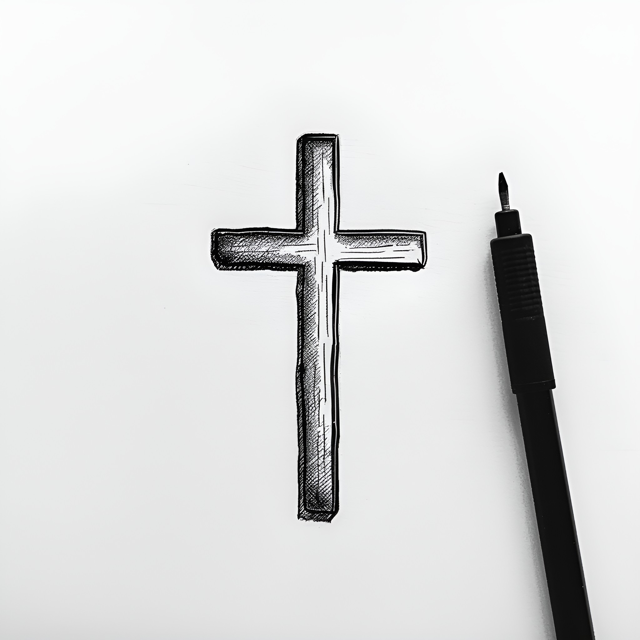Cross with an ink pen Drawing Idea (free black-and-white line drawing printable PDF for all, from beginners to advanced learners, including children, teens, adults, and seniors)