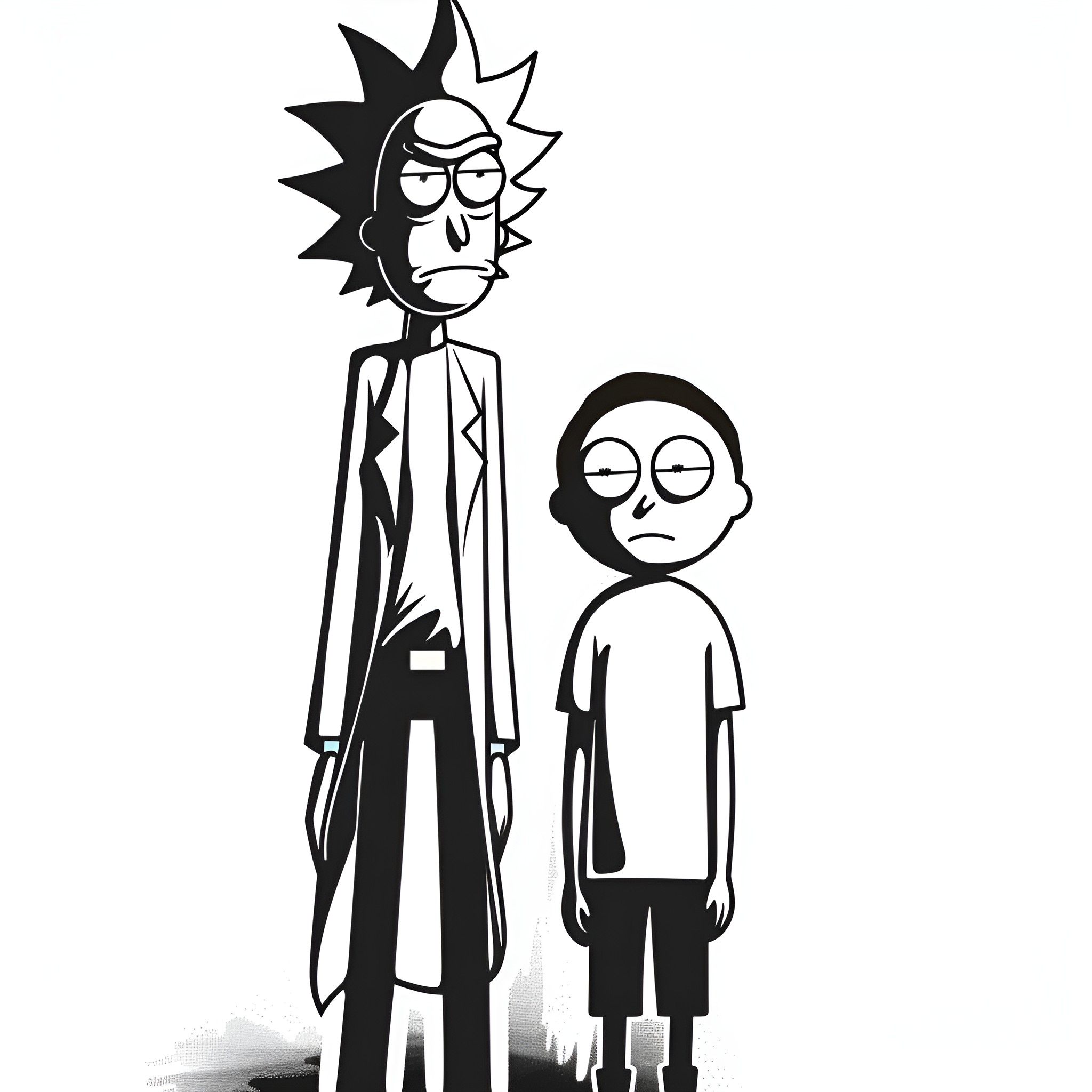 Rick And Morty eccentric scientist and anxious sidekick Drawing Idea (free black-and-white line drawing printable PDF for all, from beginners to advanced learners, including children, teens, adults, and seniors)