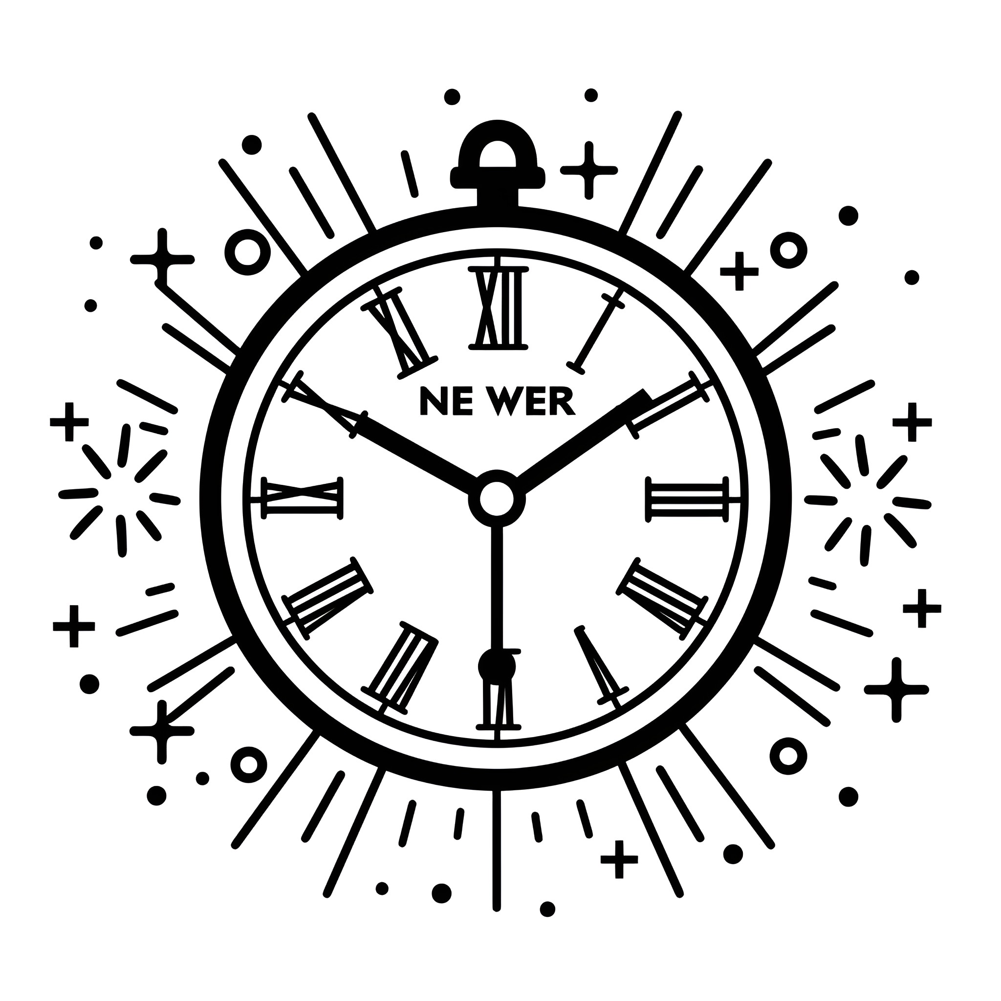 New Year countdown with clock Drawing Idea (free black-and-white line drawing printable PDF for all, from beginners to advanced learners, including children, teens, adults, and seniors)