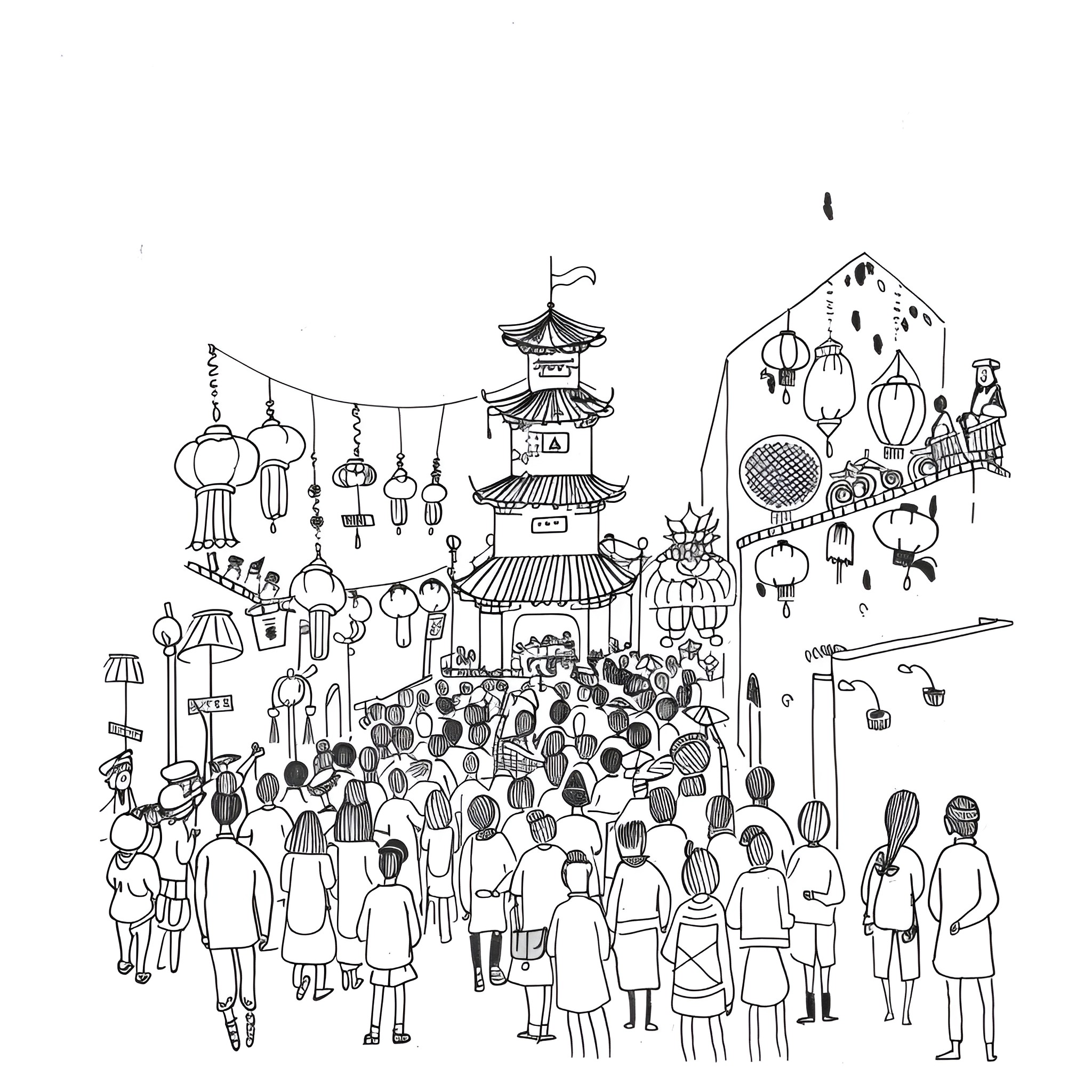 New Year Celebration with Festive Lanterns and Crowd Drawing Idea (free black-and-white line drawing printable PDF for all, from beginners to advanced learners, including children, teens, adults, and seniors)