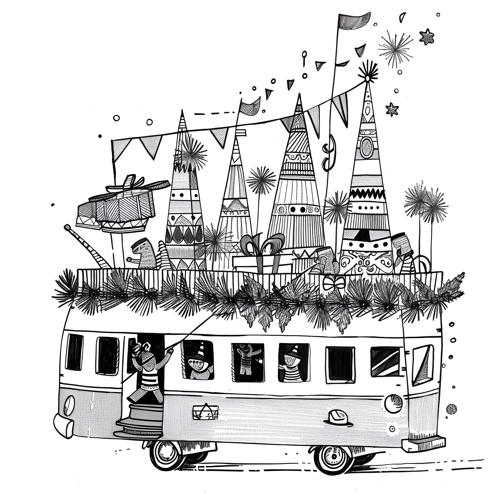 New Year celebration with festive decorations and a bus Drawing Idea (free black-and-white line drawing printable PDF for all, from beginners to advanced learners, including children, teens, adults, and seniors)