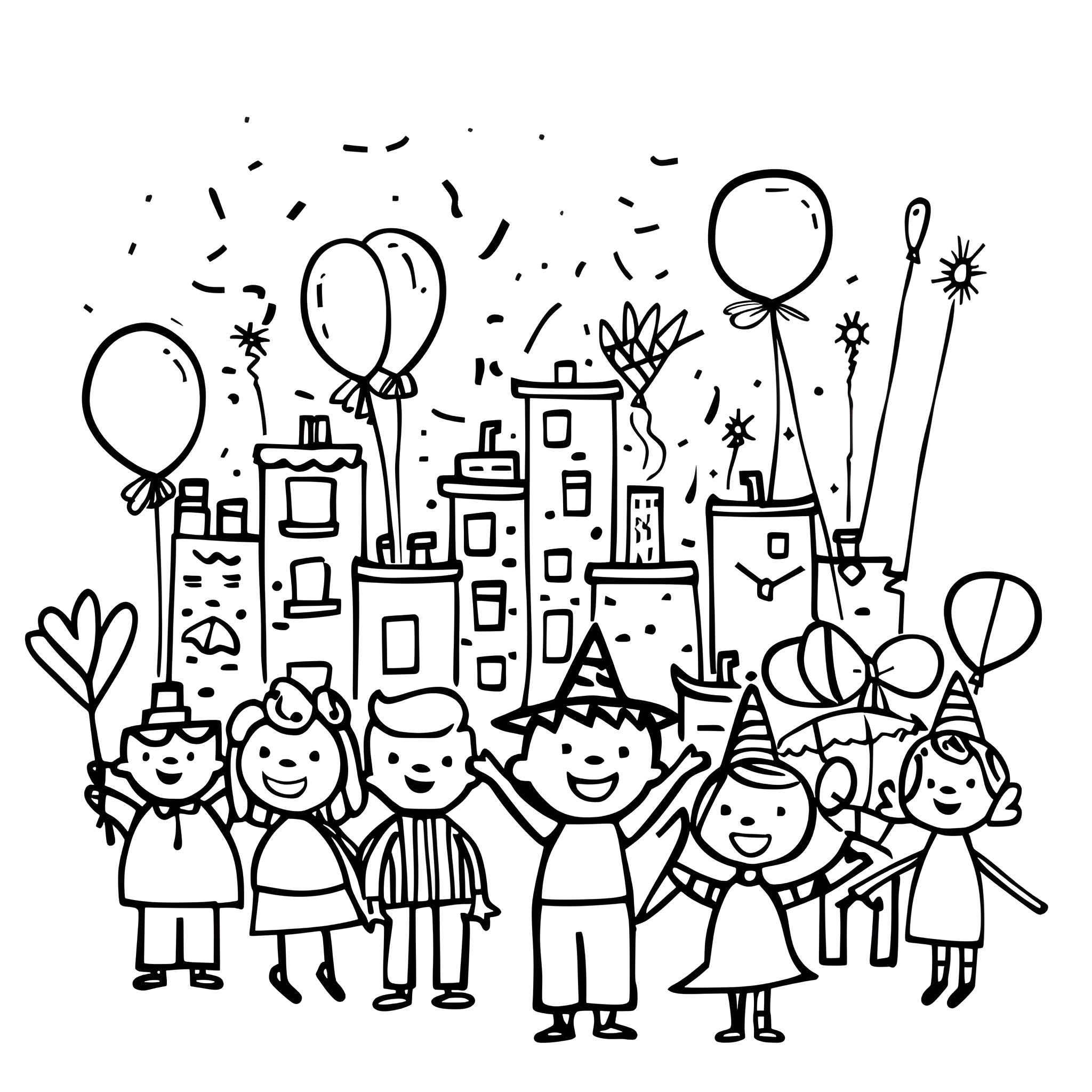New Year Celebration with Joyful People Drawing Idea (free black-and-white line drawing printable PDF for all, from beginners to advanced learners, including children, teens, adults, and seniors)