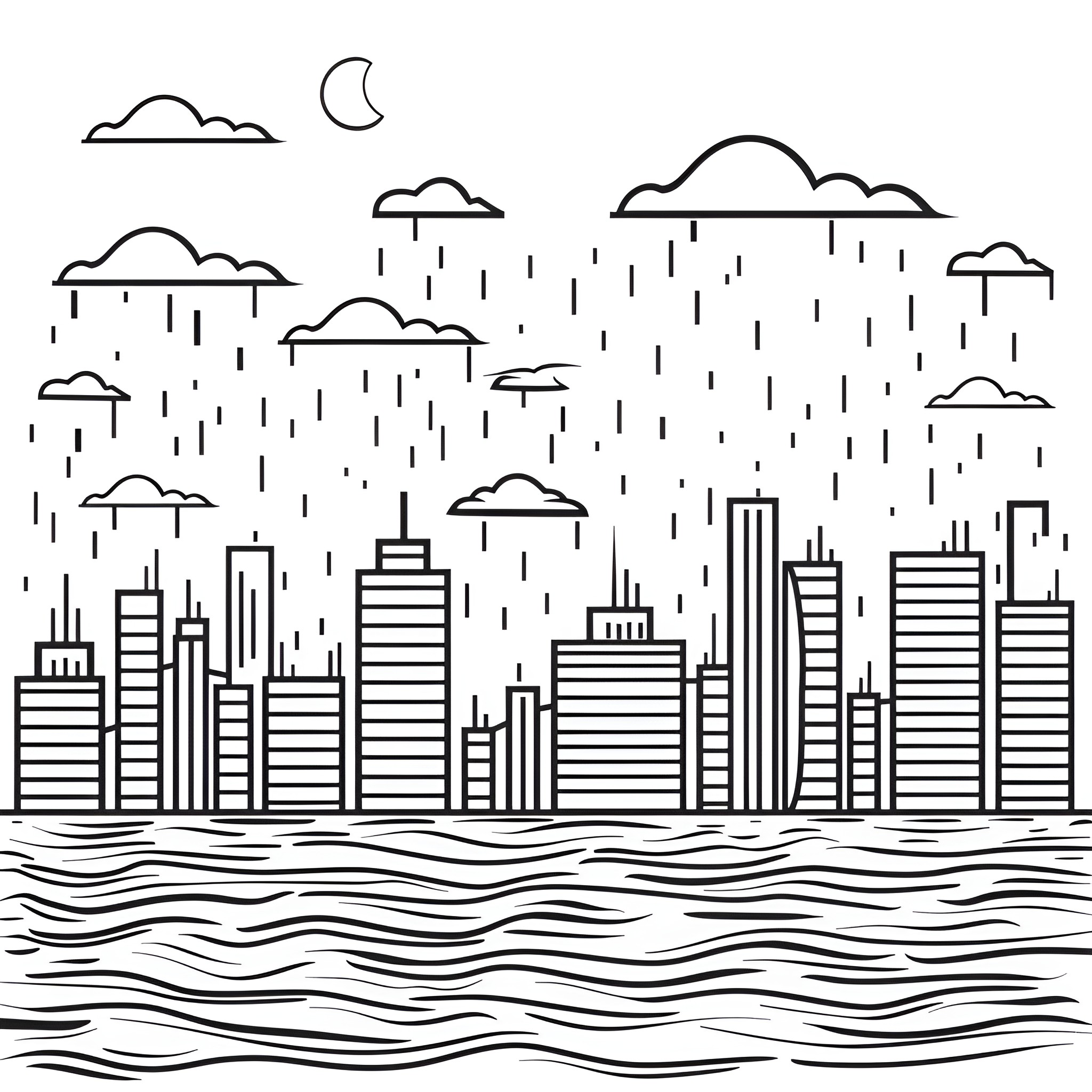 Landscape Of A City In Rain Drawing Idea (free black-and-white line drawing printable PDF for all, from beginners to advanced learners, including children, teens, adults, and seniors)