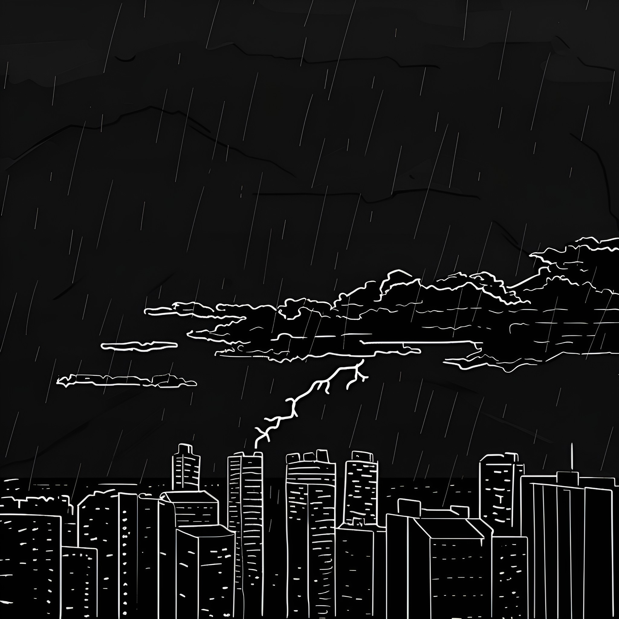 Dark Stormy Cityscape at Night Drawing Idea (free black-and-white line drawing printable PDF for all, from beginners to advanced learners, including children, teens, adults, and seniors)