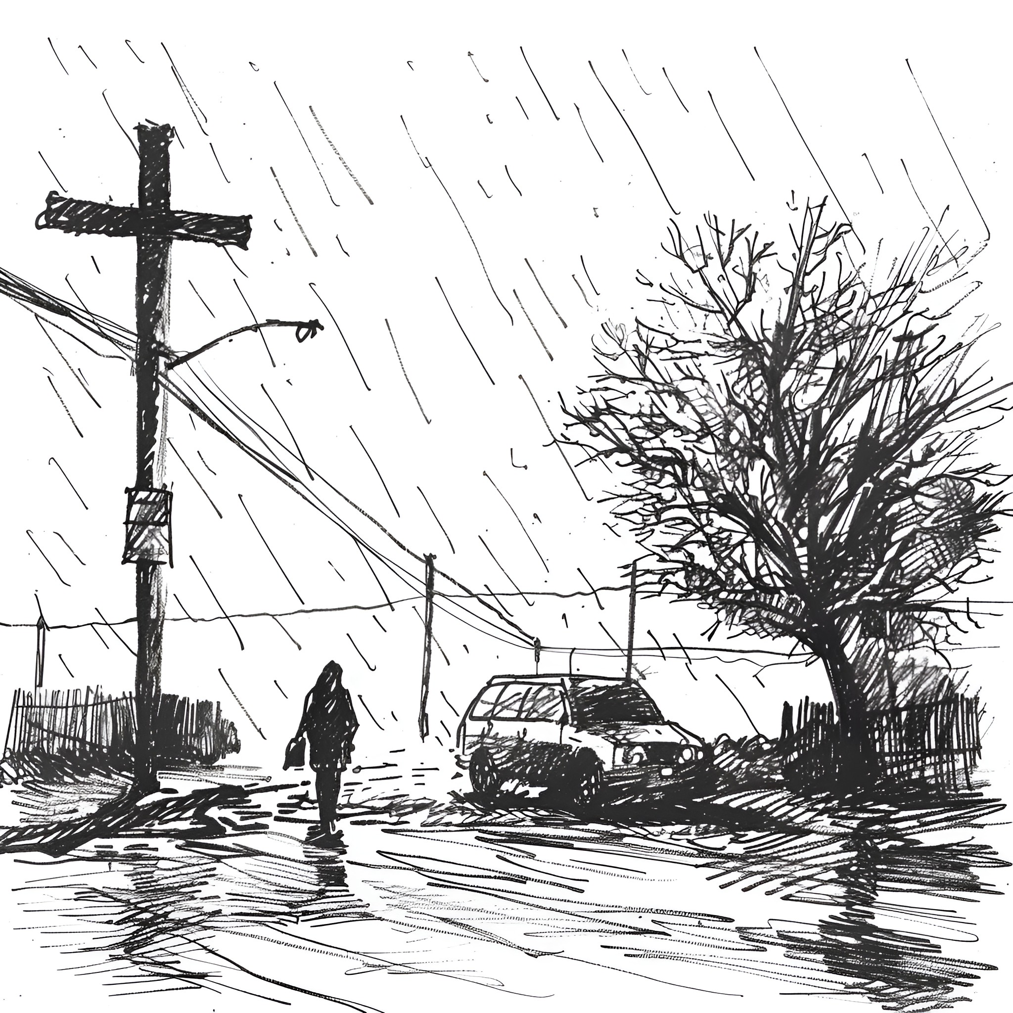 Cross over the stormy landscape Drawing Idea (free black-and-white line drawing printable PDF for all, from beginners to advanced learners, including children, teens, adults, and seniors)
