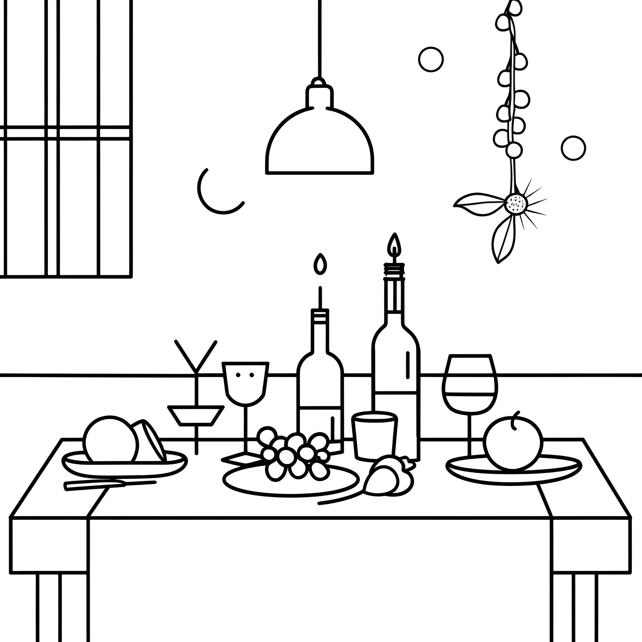 New Year's Eve Celebration Setting Drawing Idea (free black-and-white line drawing printable PDF for all, from beginners to advanced learners, including children, teens, adults, and seniors)