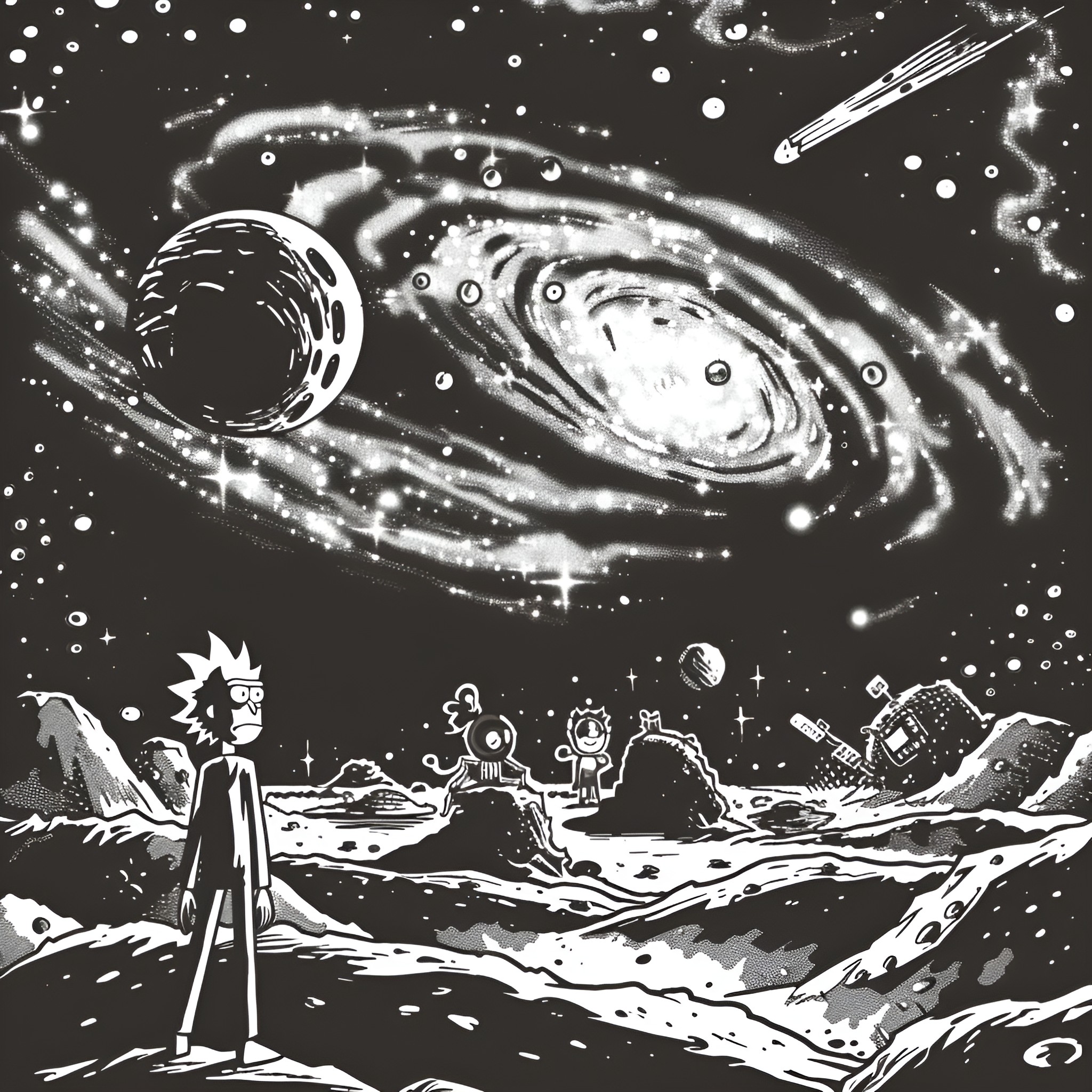 Rick And Morty exploring the cosmic landscape Drawing Idea (free black-and-white line drawing printable PDF for all, from beginners to advanced learners, including children, teens, adults, and seniors)