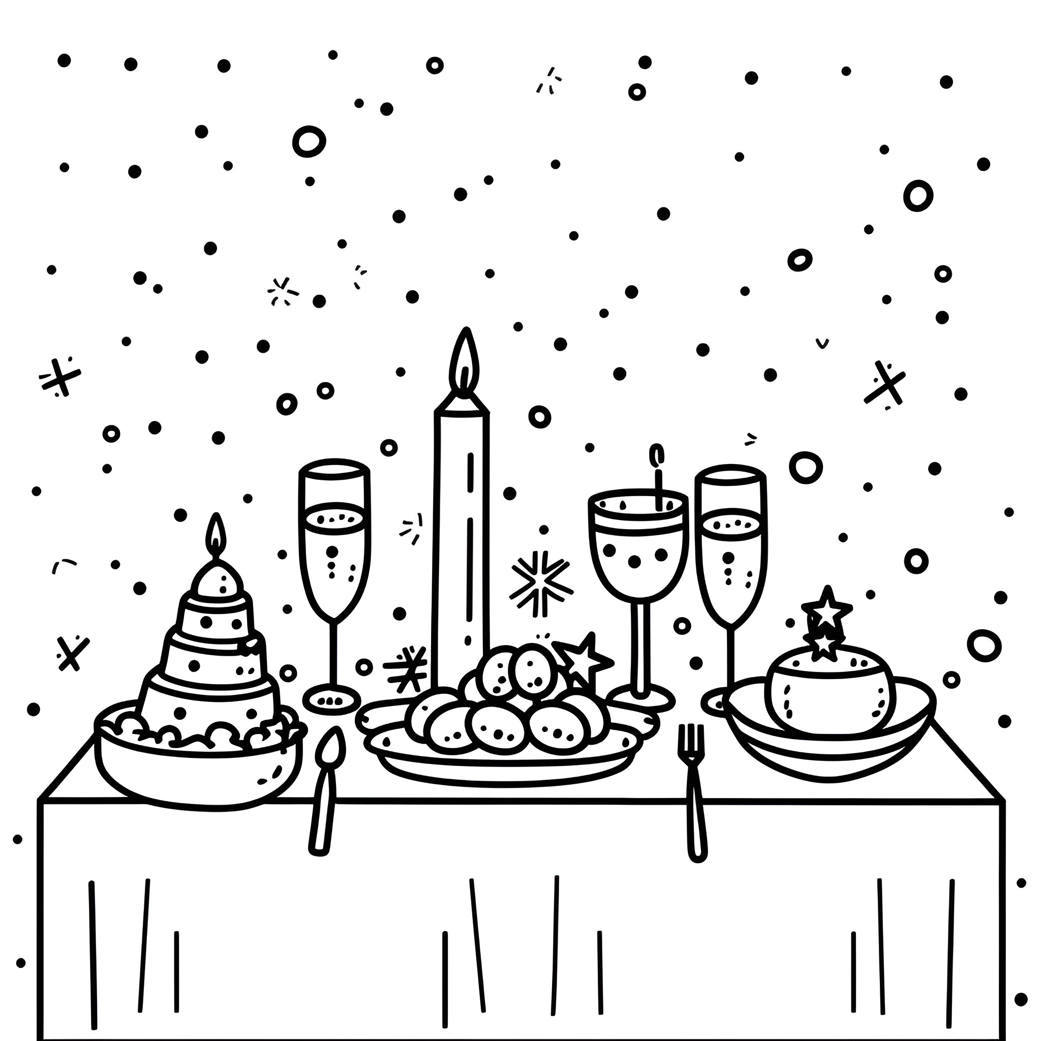 New Year feast and celebration Drawing Idea (free black-and-white line drawing printable PDF for all, from beginners to advanced learners, including children, teens, adults, and seniors)
