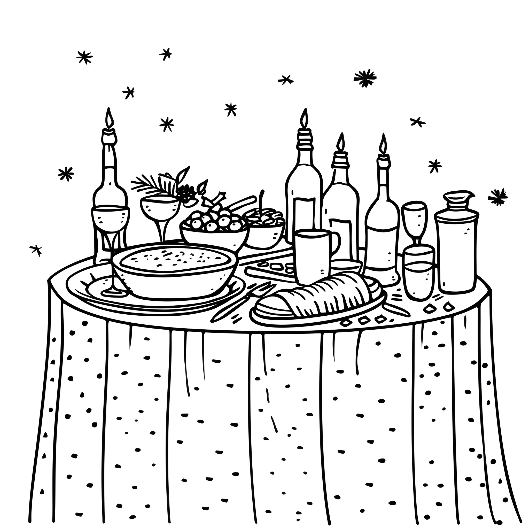 New Year Celebratory Feast and Revelry Drawing Idea (free black-and-white line drawing printable PDF for all, from beginners to advanced learners, including children, teens, adults, and seniors)