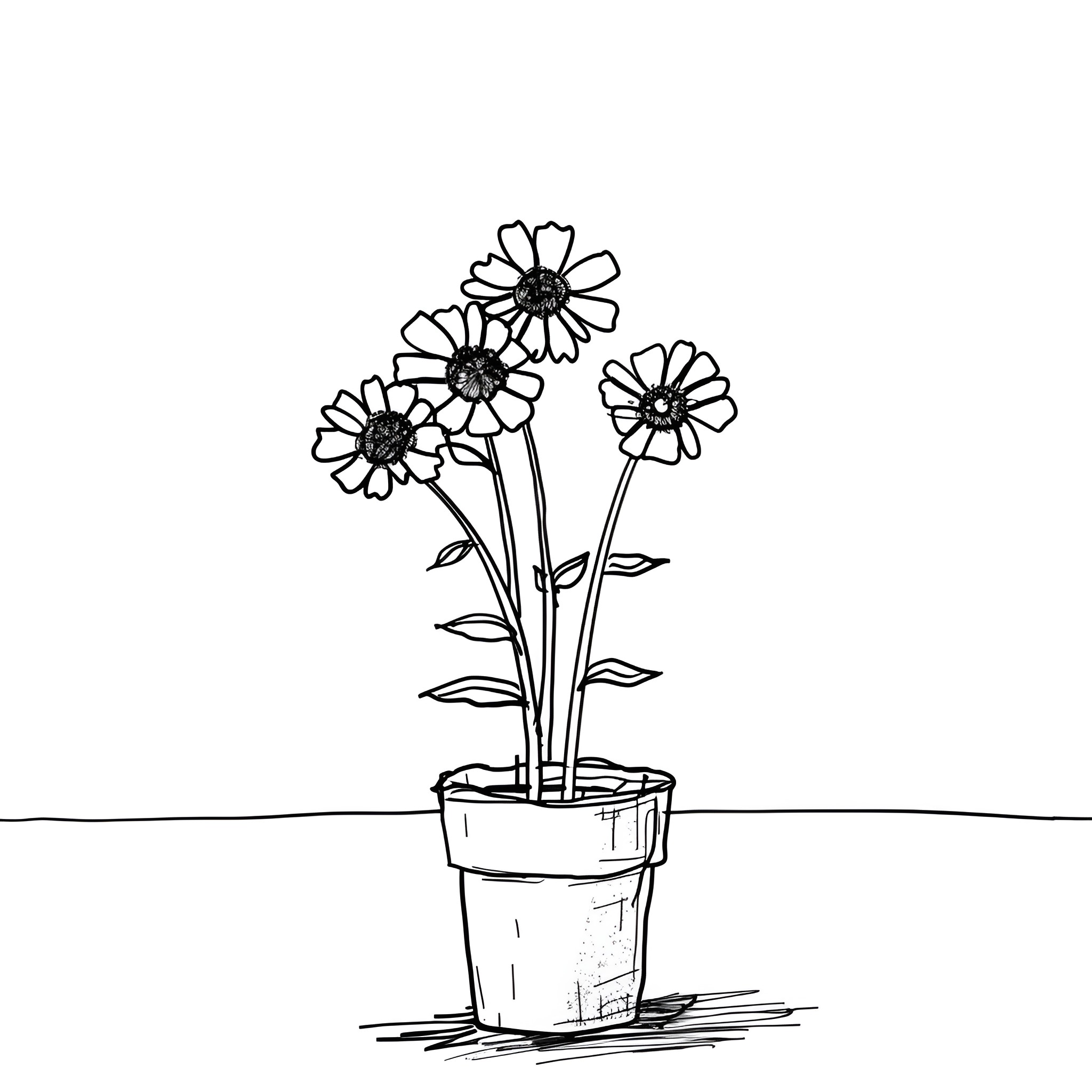 Flowers in a pot Drawing Idea (free black-and-white line drawing printable PDF for all, from beginners to advanced learners, including children, teens, adults, and seniors)