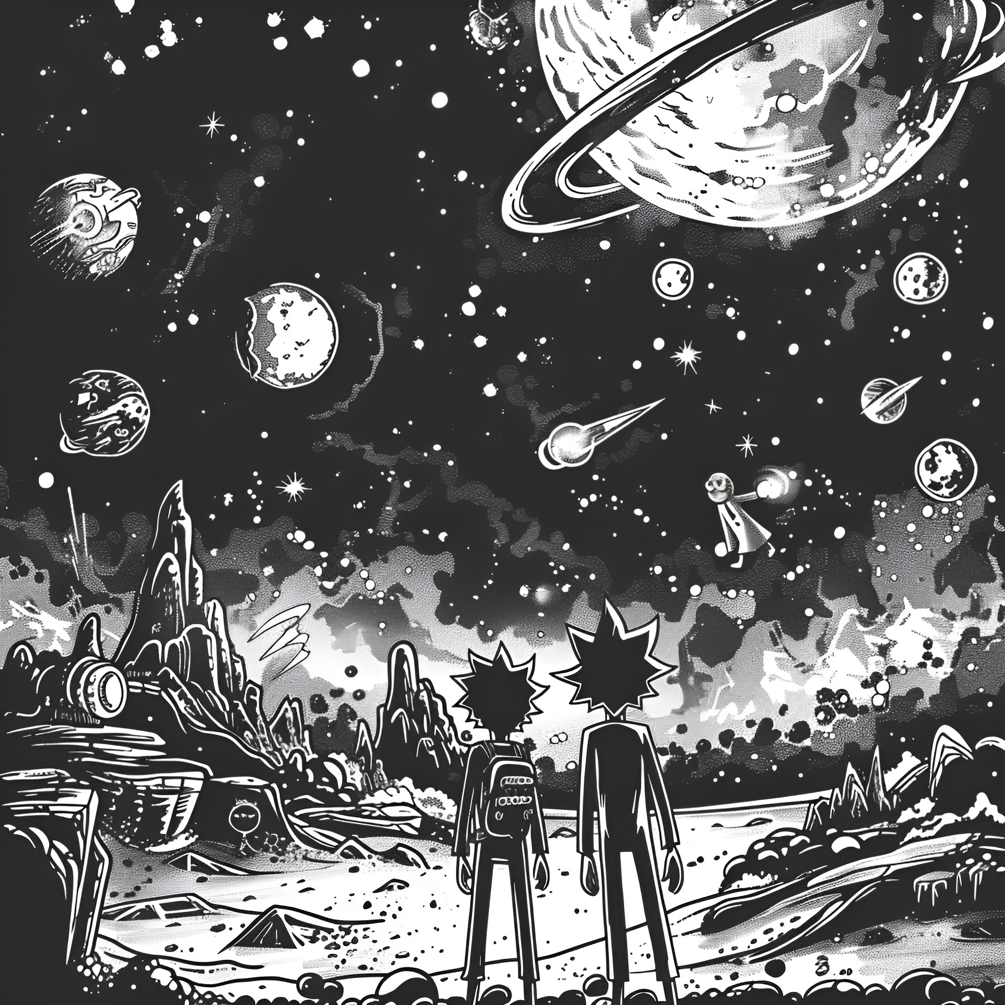 Rick And Morty exploring the cosmic universe Drawing Idea (free black-and-white line drawing printable PDF for all, from beginners to advanced learners, including children, teens, adults, and seniors)