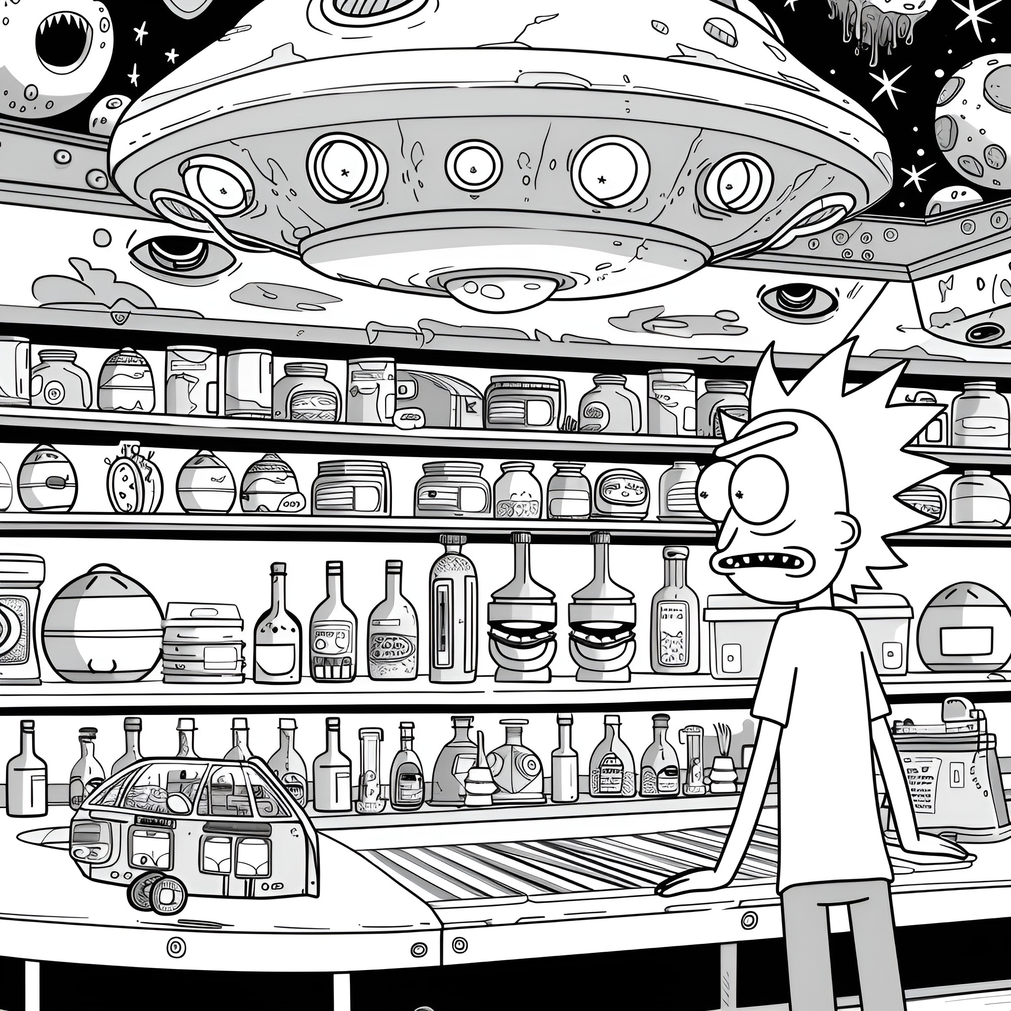 Rick And Morty's chaotic intergalactic convenience store Drawing Idea (free black-and-white line drawing printable PDF for all, from beginners to advanced learners, including children, teens, adults, and seniors)