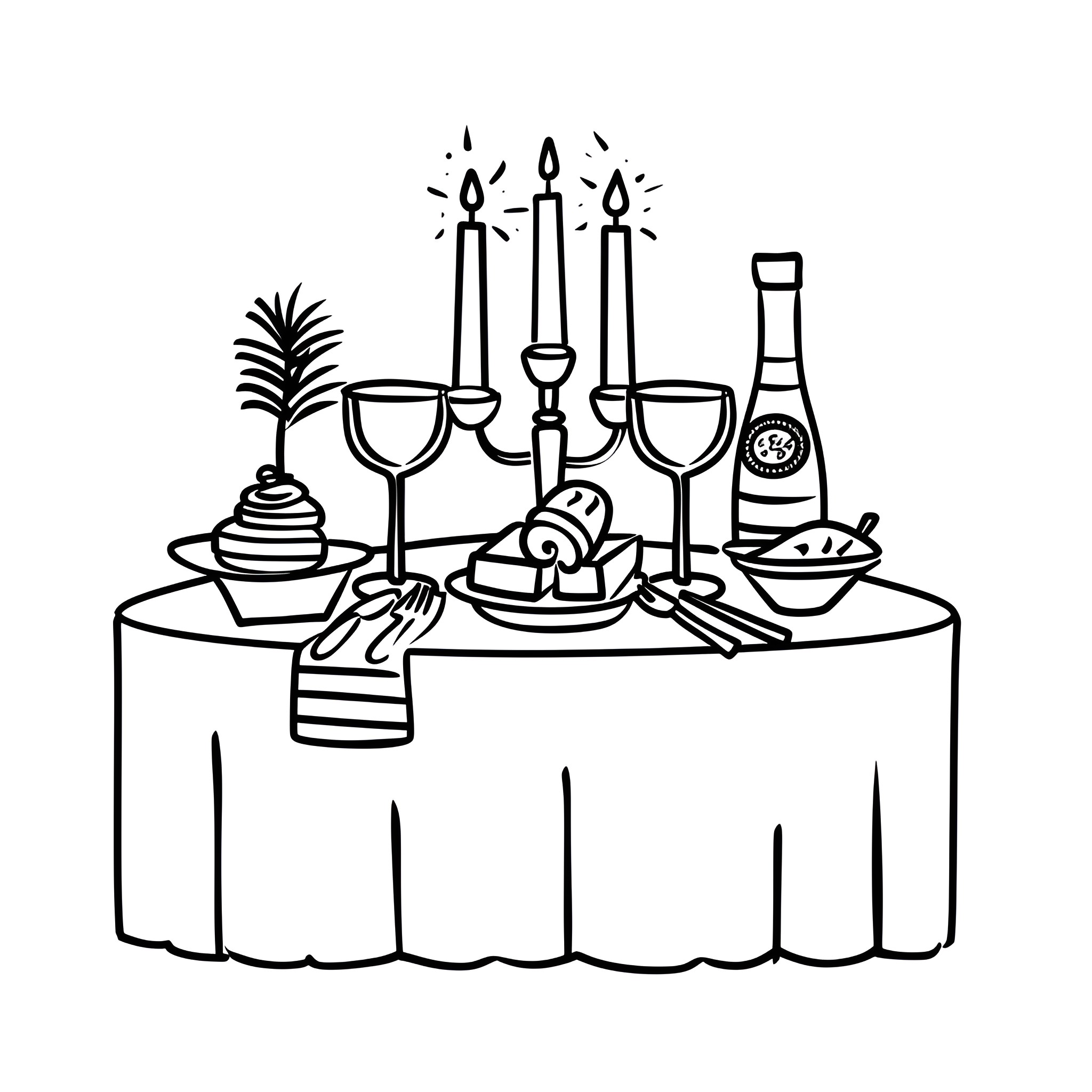 New Year's Celebration Table Setting Drawing Idea (free black-and-white line drawing printable PDF for all, from beginners to advanced learners, including children, teens, adults, and seniors)