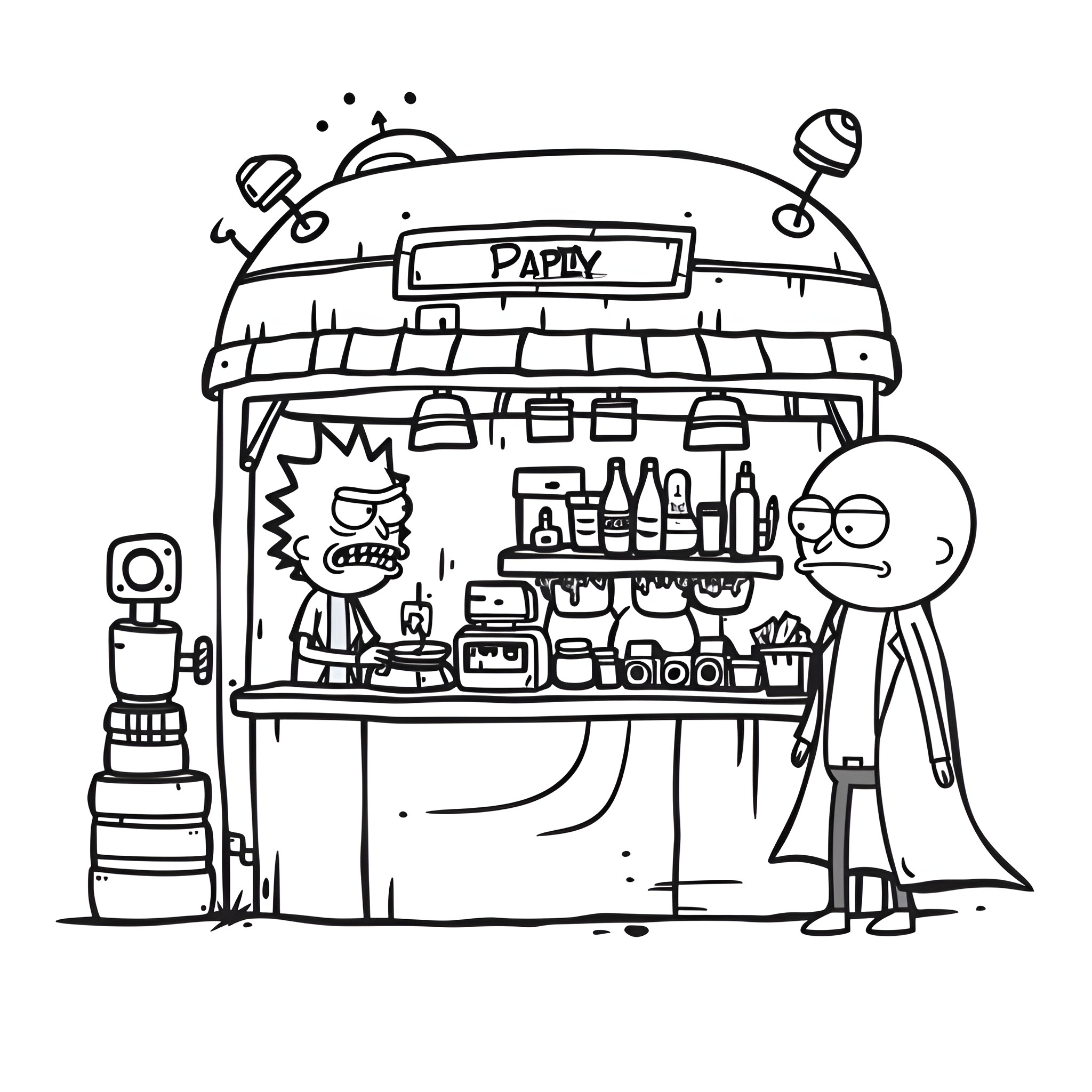 Rick And Morty operating a snack cart Drawing Idea (free black-and-white line drawing printable PDF for all, from beginners to advanced learners, including children, teens, adults, and seniors)