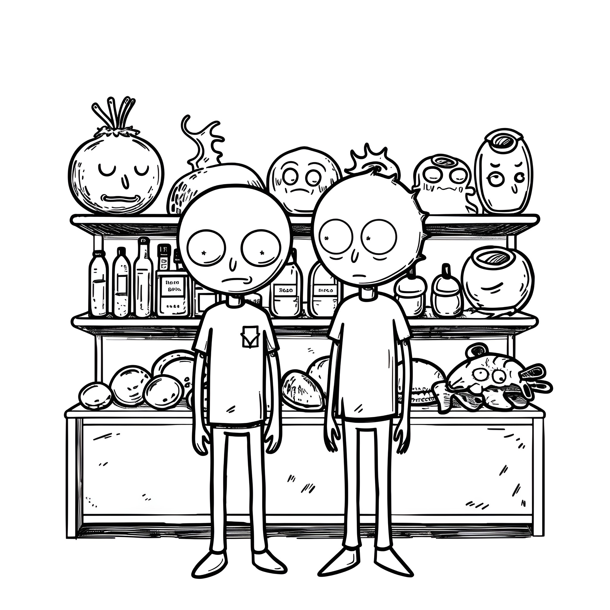 Rick And Morty exploring peculiar kitchen shelves Drawing Idea (free black-and-white line drawing printable PDF for all, from beginners to advanced learners, including children, teens, adults, and seniors)