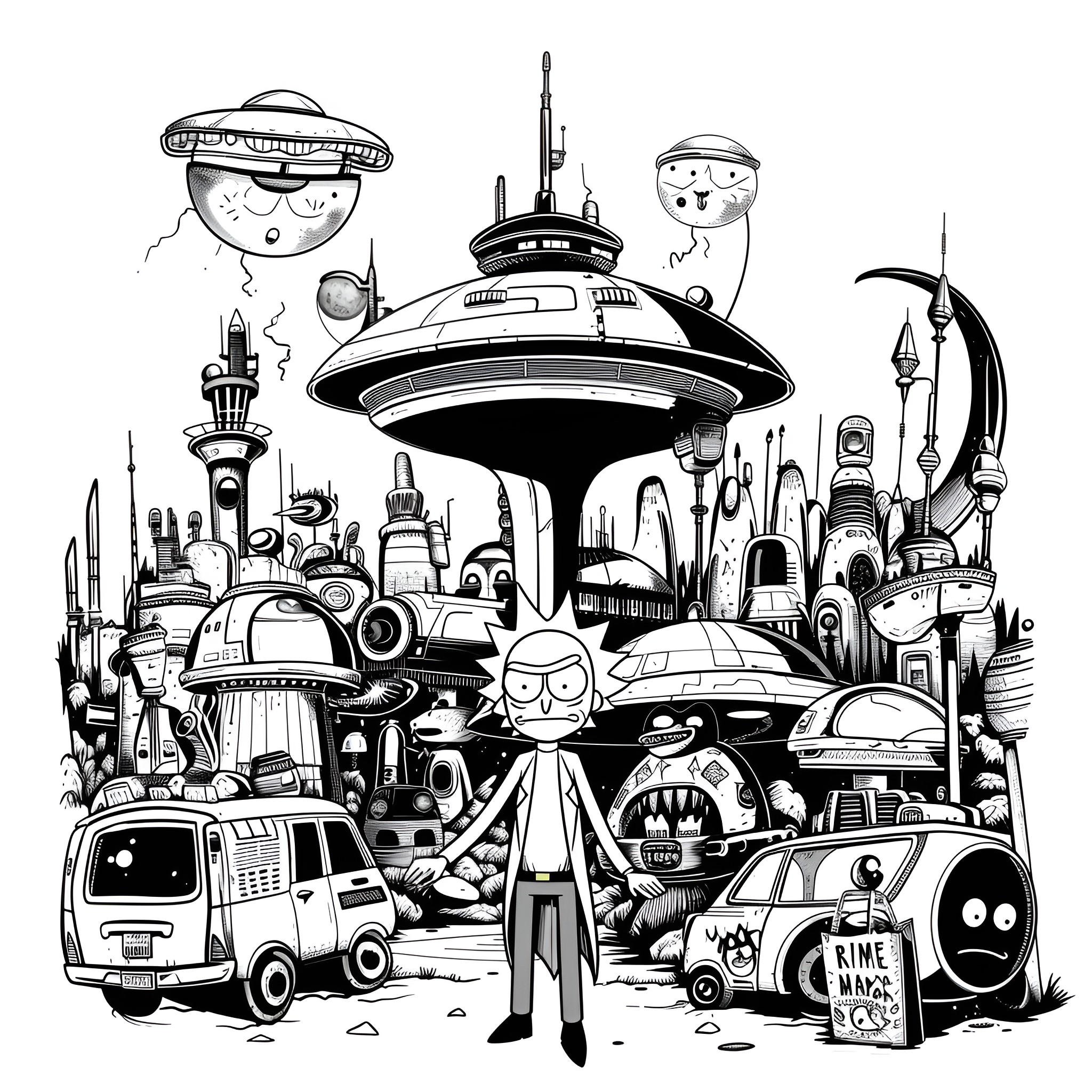 Rick And Morty in Chaotic Sci-Fi Landscape Drawing Idea (free black-and-white line drawing printable PDF for all, from beginners to advanced learners, including children, teens, adults, and seniors)