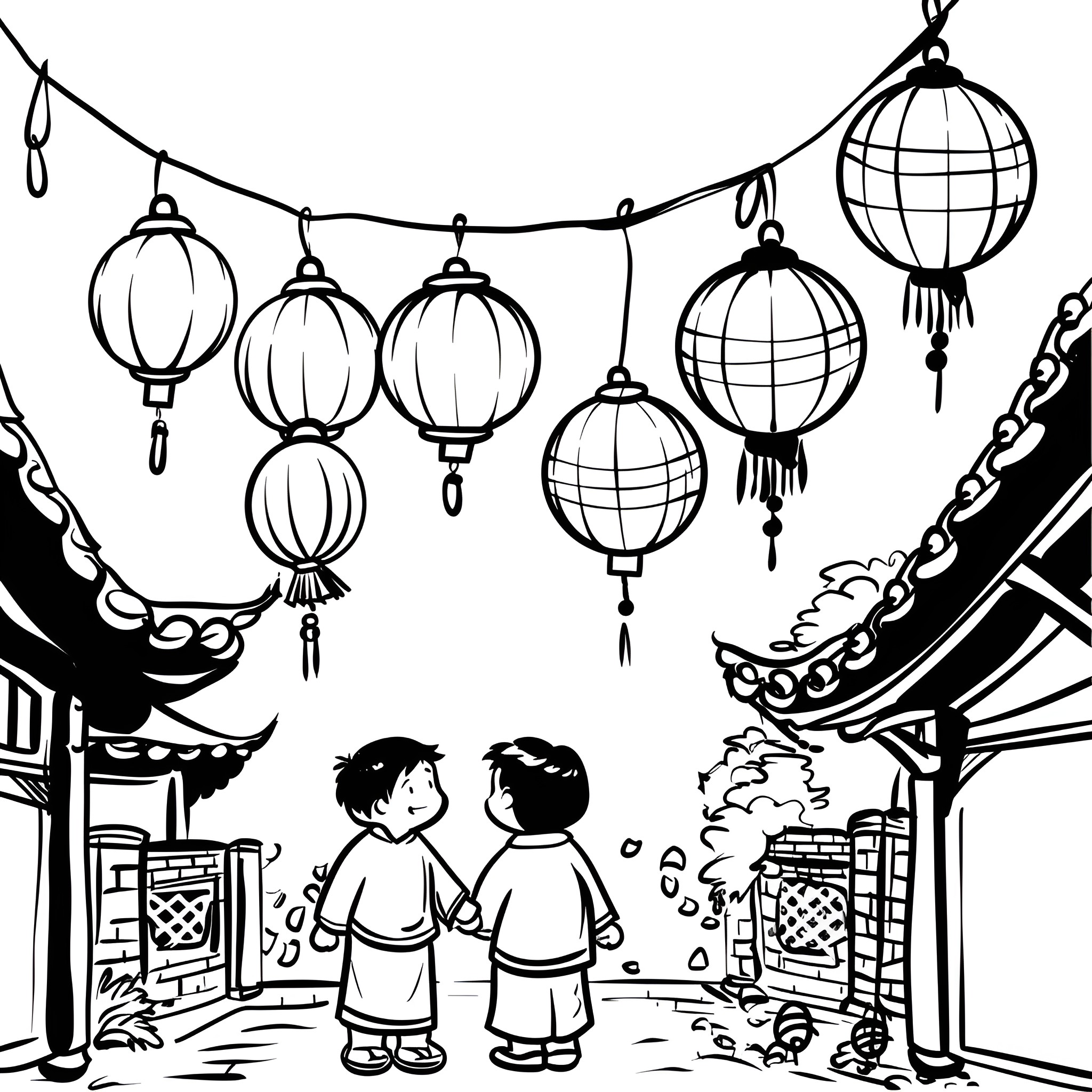 New Year Celebrations in Festive Asian Community Drawing Idea (free black-and-white line drawing printable PDF for all, from beginners to advanced learners, including children, teens, adults, and seniors)