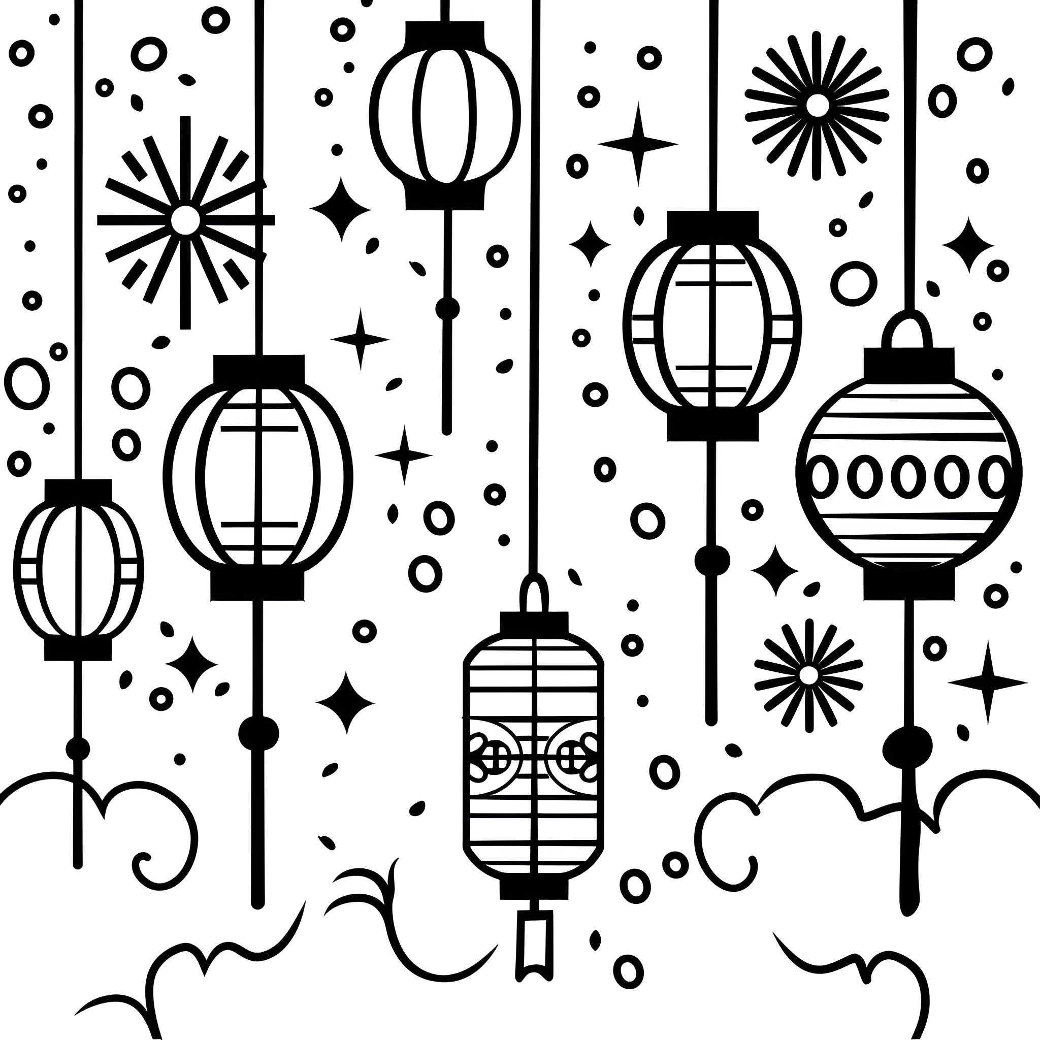 New Year's Lanterns and Fireworks Celebration Drawing Idea (free black-and-white line drawing printable PDF for all, from beginners to advanced learners, including children, teens, adults, and seniors)