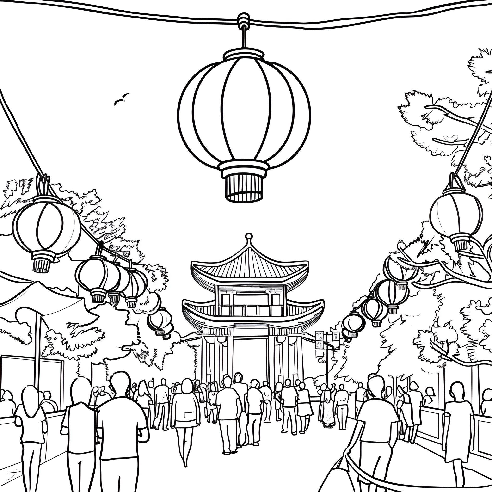 New Year Celebrations in Asian Cultural Landscape Drawing Idea (free black-and-white line drawing printable PDF for all, from beginners to advanced learners, including children, teens, adults, and seniors)