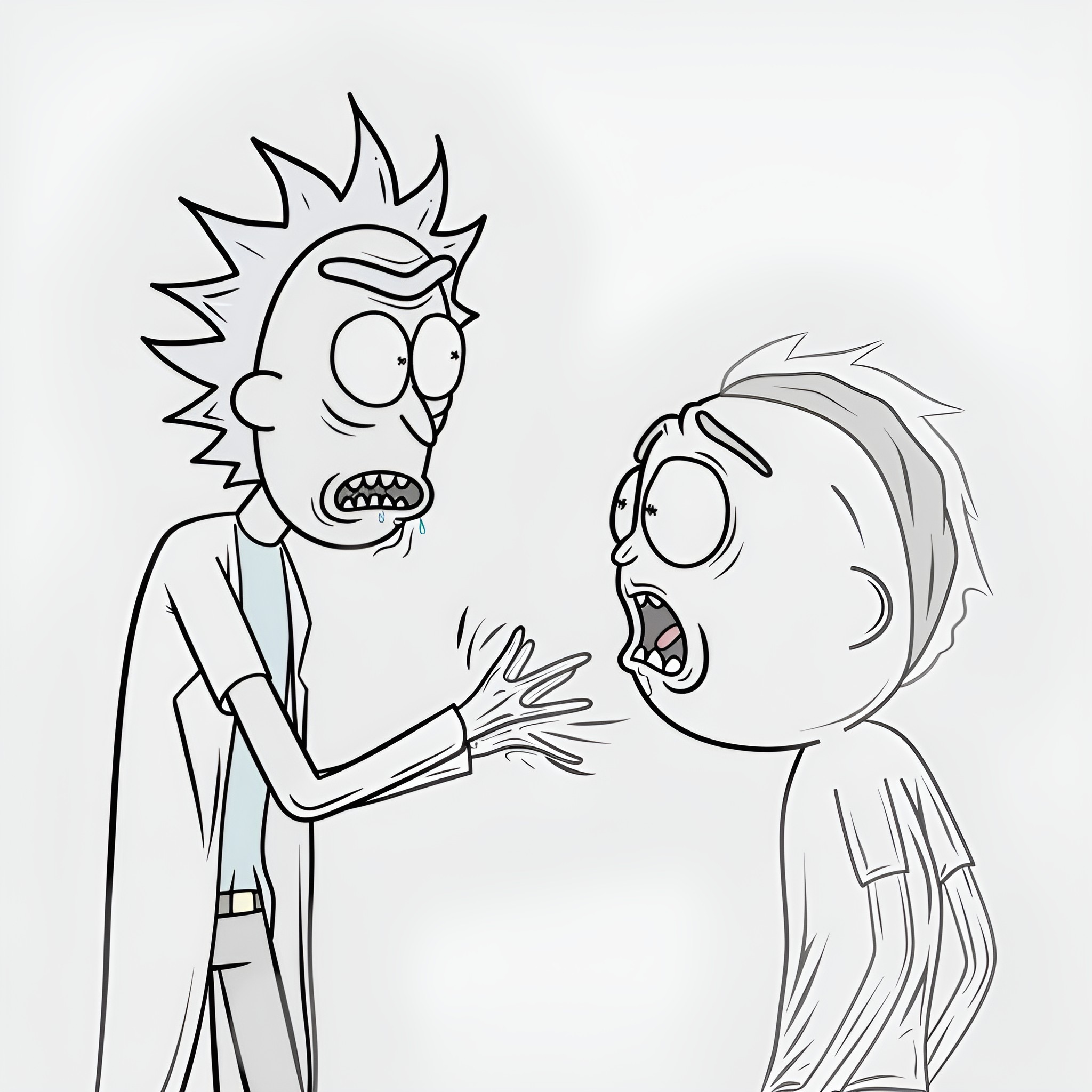 Rick And Morty's Intense Argument Drawing Idea (free black-and-white line drawing printable PDF for all, from beginners to advanced learners, including children, teens, adults, and seniors)