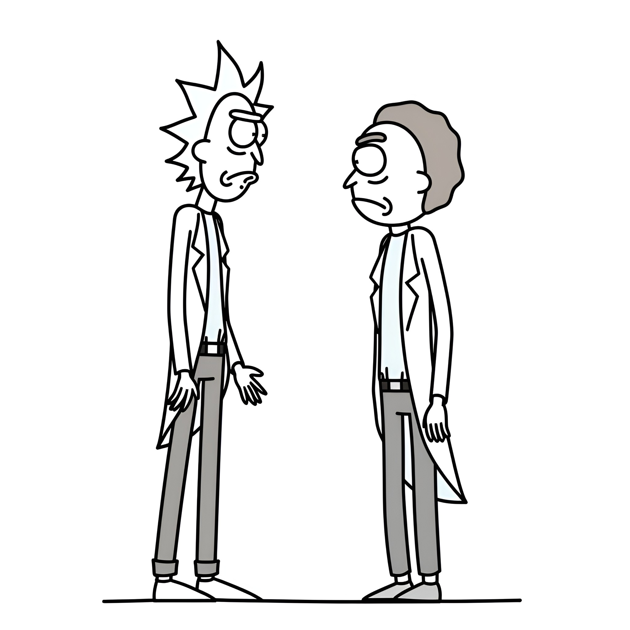 Rick And Morty in intense discussion Drawing Idea (free black-and-white line drawing printable PDF for all, from beginners to advanced learners, including children, teens, adults, and seniors)