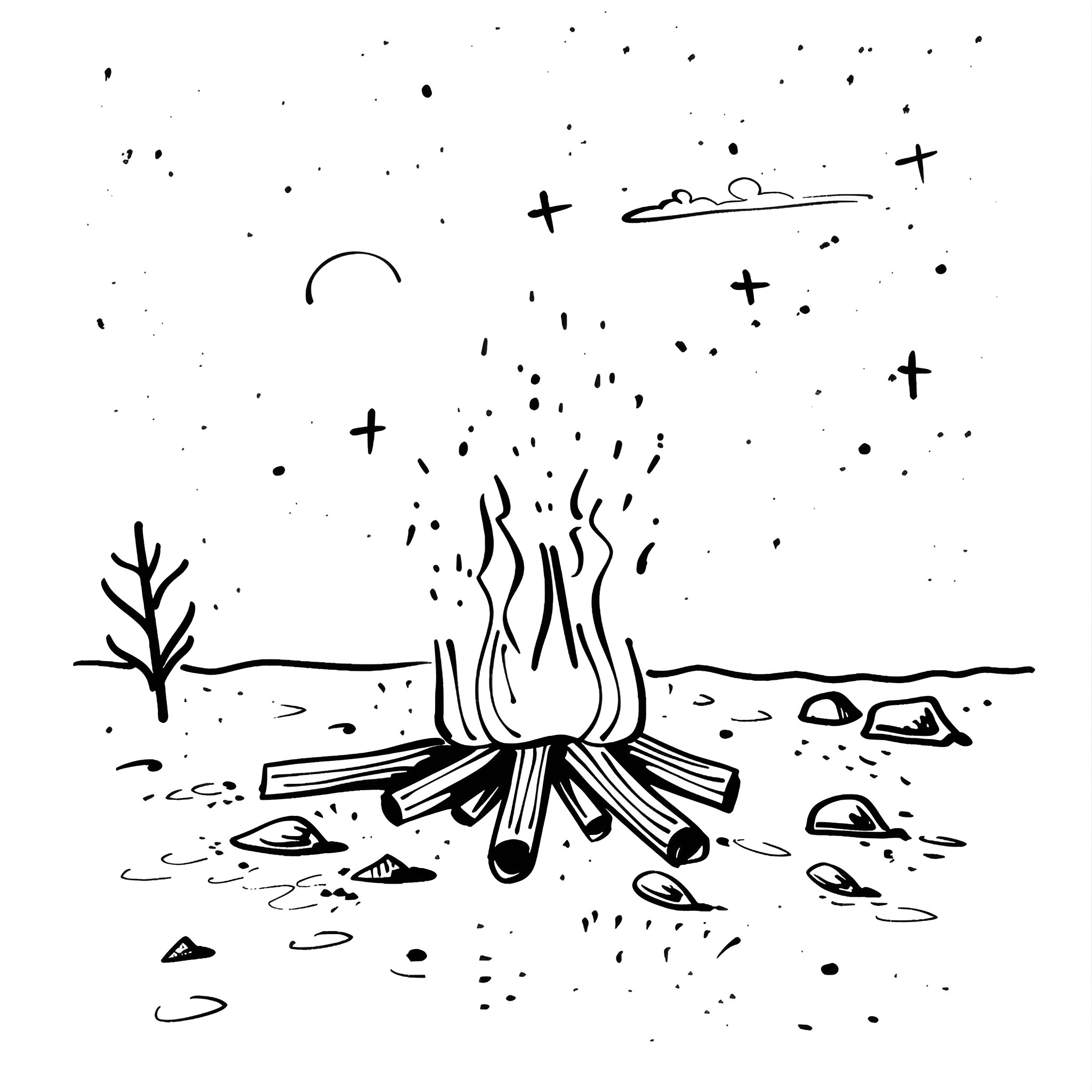 New Year Campfire under Starry Night Sky Drawing Idea (free black-and-white line drawing printable PDF for all, from beginners to advanced learners, including children, teens, adults, and seniors)
