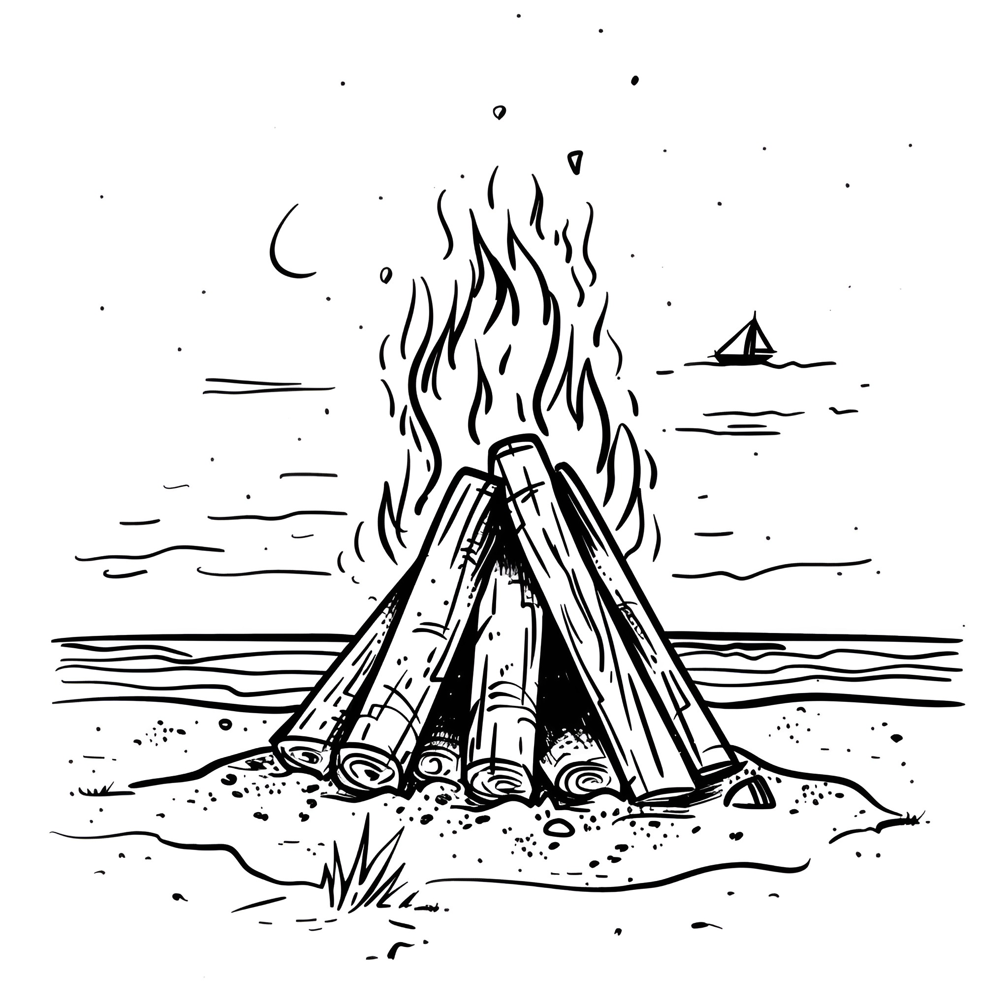 New Year campfire on the beach Drawing Idea (free black-and-white line drawing printable PDF for all, from beginners to advanced learners, including children, teens, adults, and seniors)