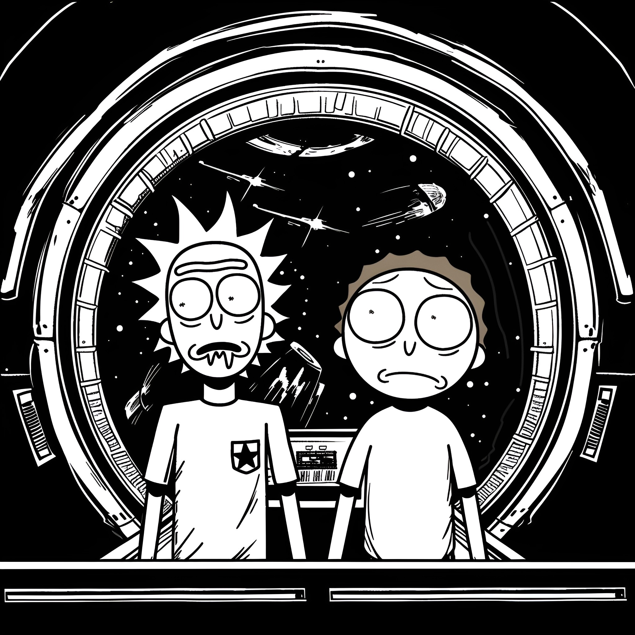 Rick And Morty in Outer Space Adventure Drawing Idea (free black-and-white line drawing printable PDF for all, from beginners to advanced learners, including children, teens, adults, and seniors)