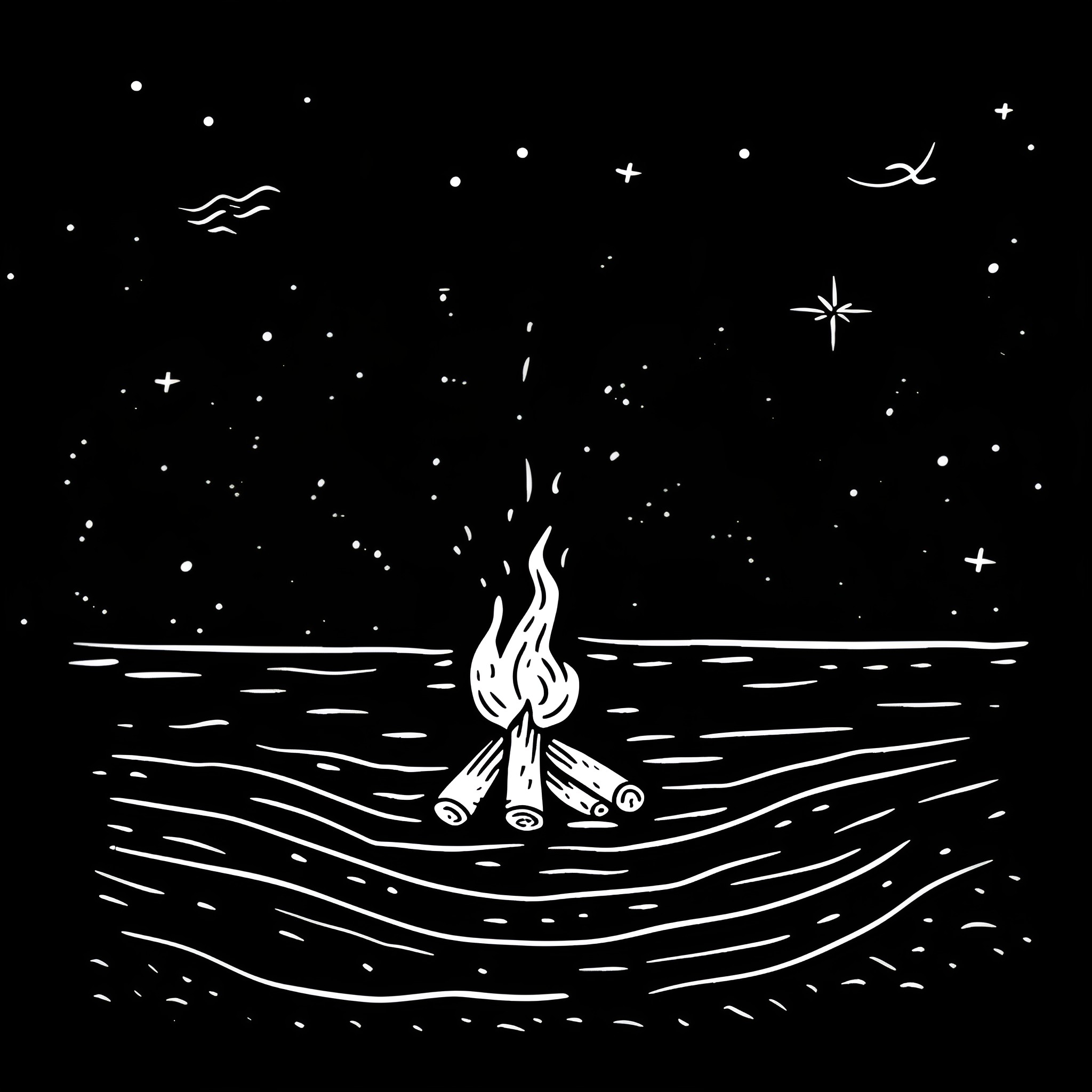 New Year Campfire under the Starry Sky Drawing Idea (free black-and-white line drawing printable PDF for all, from beginners to advanced learners, including children, teens, adults, and seniors)