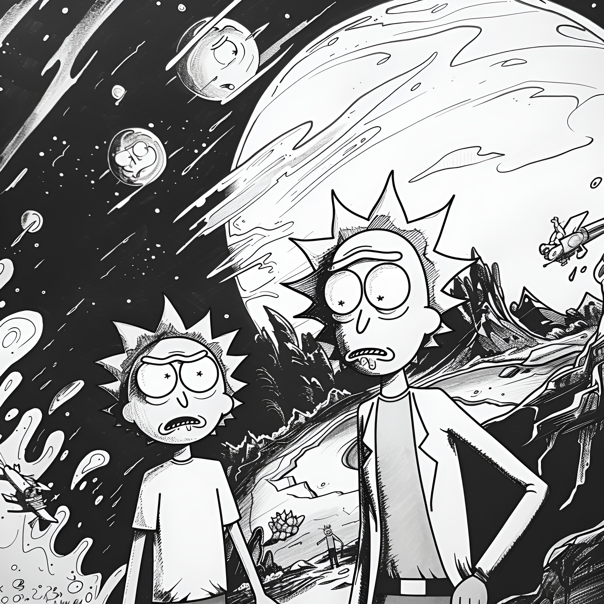 Rick And Morty explore strange cosmic landscape Drawing Idea (free black-and-white line drawing printable PDF for all, from beginners to advanced learners, including children, teens, adults, and seniors)