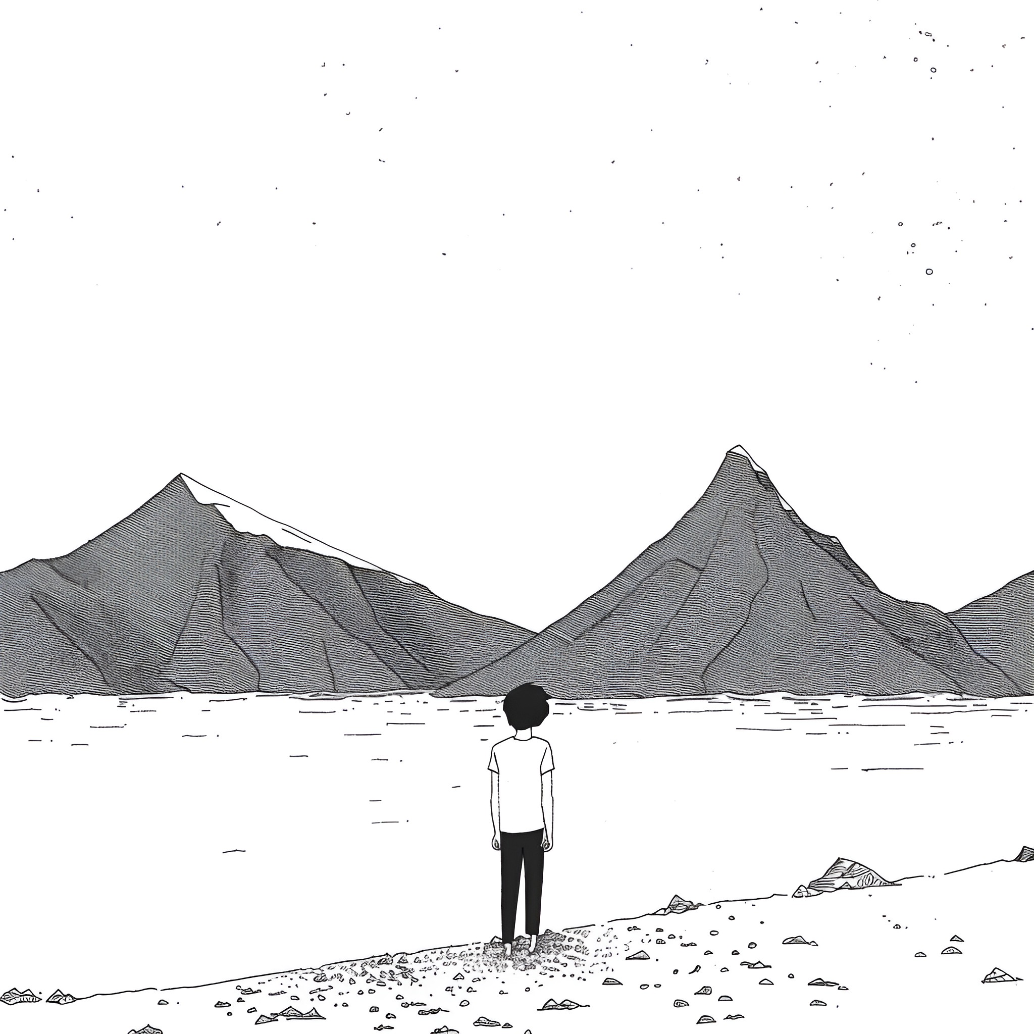 Depression: A Solitary Silhouette Amid Vast Landscapes Drawing Idea (free black-and-white line drawing printable PDF for all, from beginners to advanced learners, including children, teens, adults, and seniors)